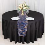 Sequin Mesh 12"x108" Table Runner Royal Blue/Gold Stylish Wave Embroidery - Bell Racket Store