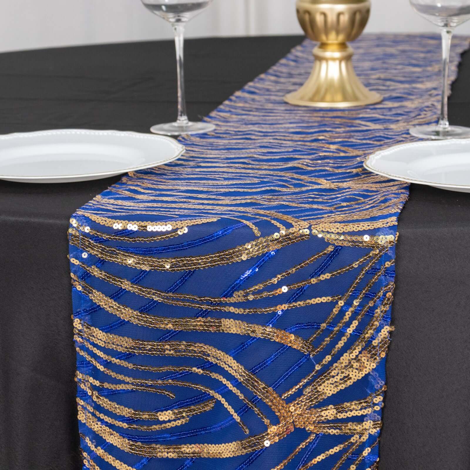 Sequin Mesh 12"x108" Table Runner Royal Blue/Gold Stylish Wave Embroidery - Bell Racket Store