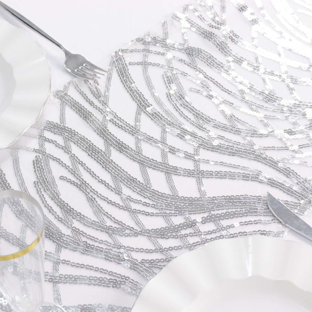 Sequin Mesh 12"x108" Table Runner Silver Stylish Wave Embroidery - Bell Racket Store