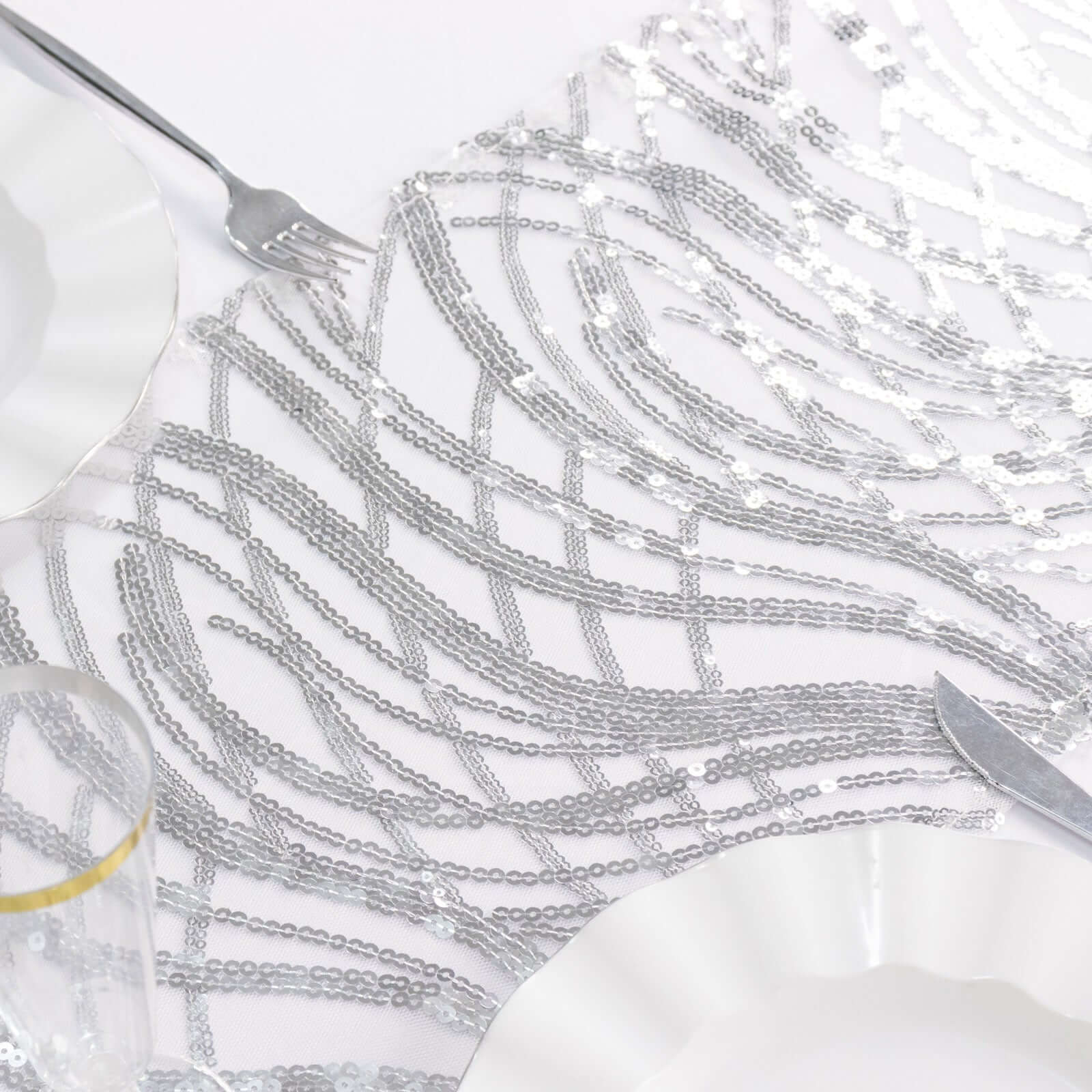 Sequin Mesh 12"x108" Table Runner Silver Stylish Wave Embroidery - Bell Racket Store