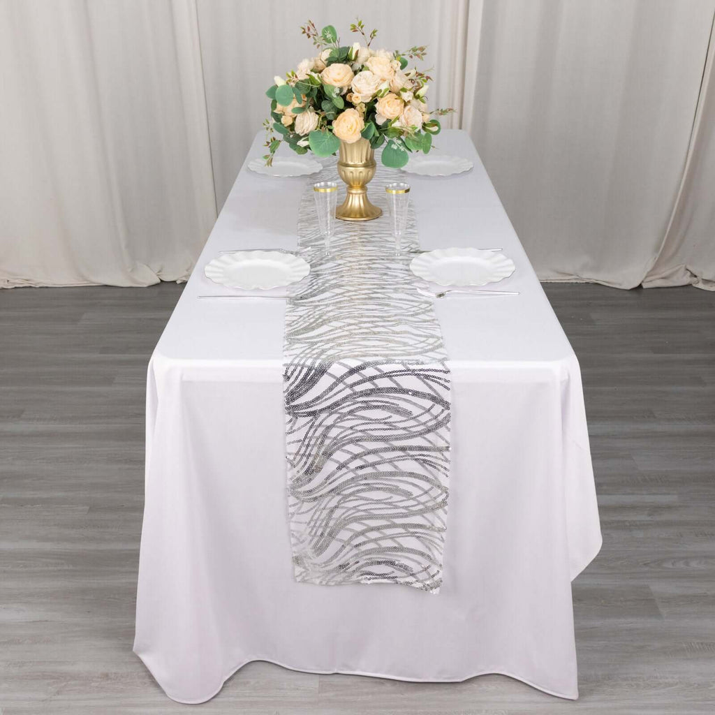 Sequin Mesh 12"x108" Table Runner Silver Stylish Wave Embroidery - Bell Racket Store