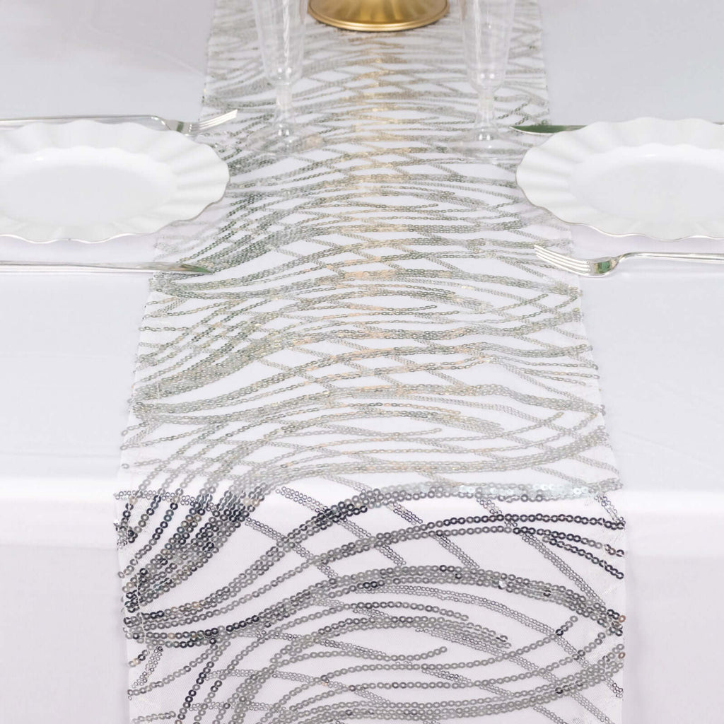 Sequin Mesh 12"x108" Table Runner Silver Stylish Wave Embroidery - Bell Racket Store