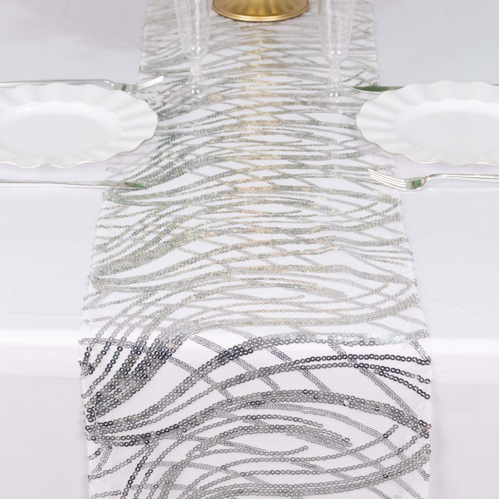 Sequin Mesh 12"x108" Table Runner Silver Stylish Wave Embroidery - Bell Racket Store