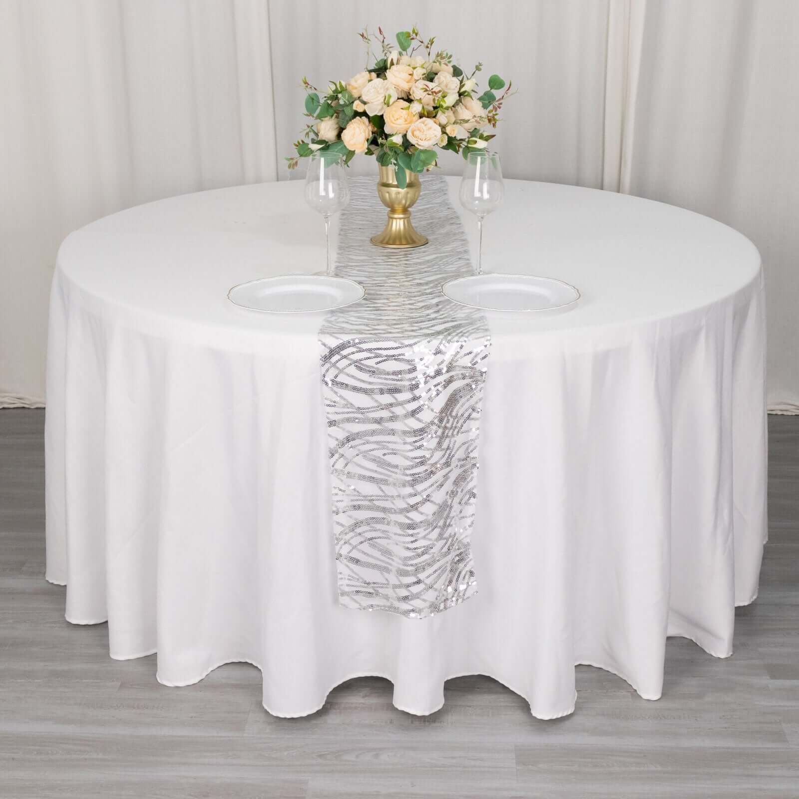 Sequin Mesh 12"x108" Table Runner Silver Stylish Wave Embroidery - Bell Racket Store