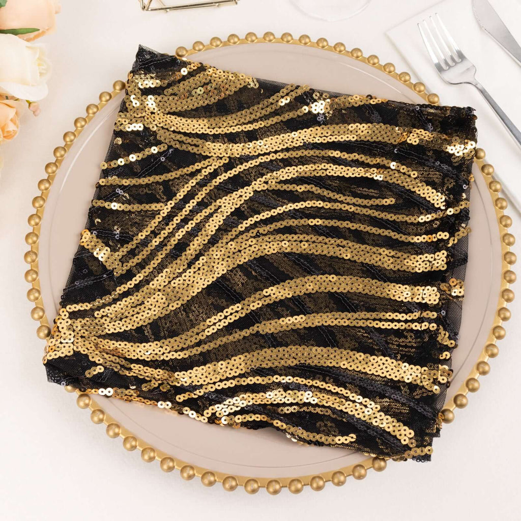 Sequin Mesh 20"x20" Napkin Black Gold - Wave Embroidered Reusable Napkin - Bell Racket Store