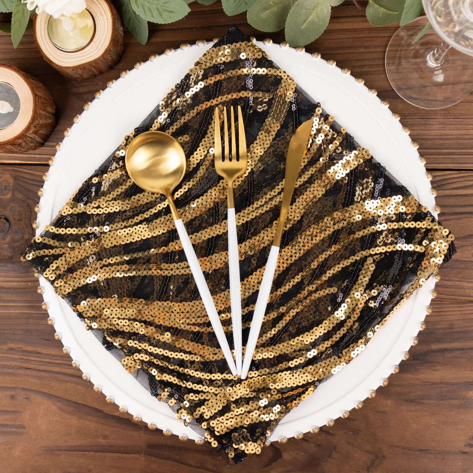 Sequin Mesh 20"x20" Napkin Black Gold - Wave Embroidered Reusable Napkin - Bell Racket Store