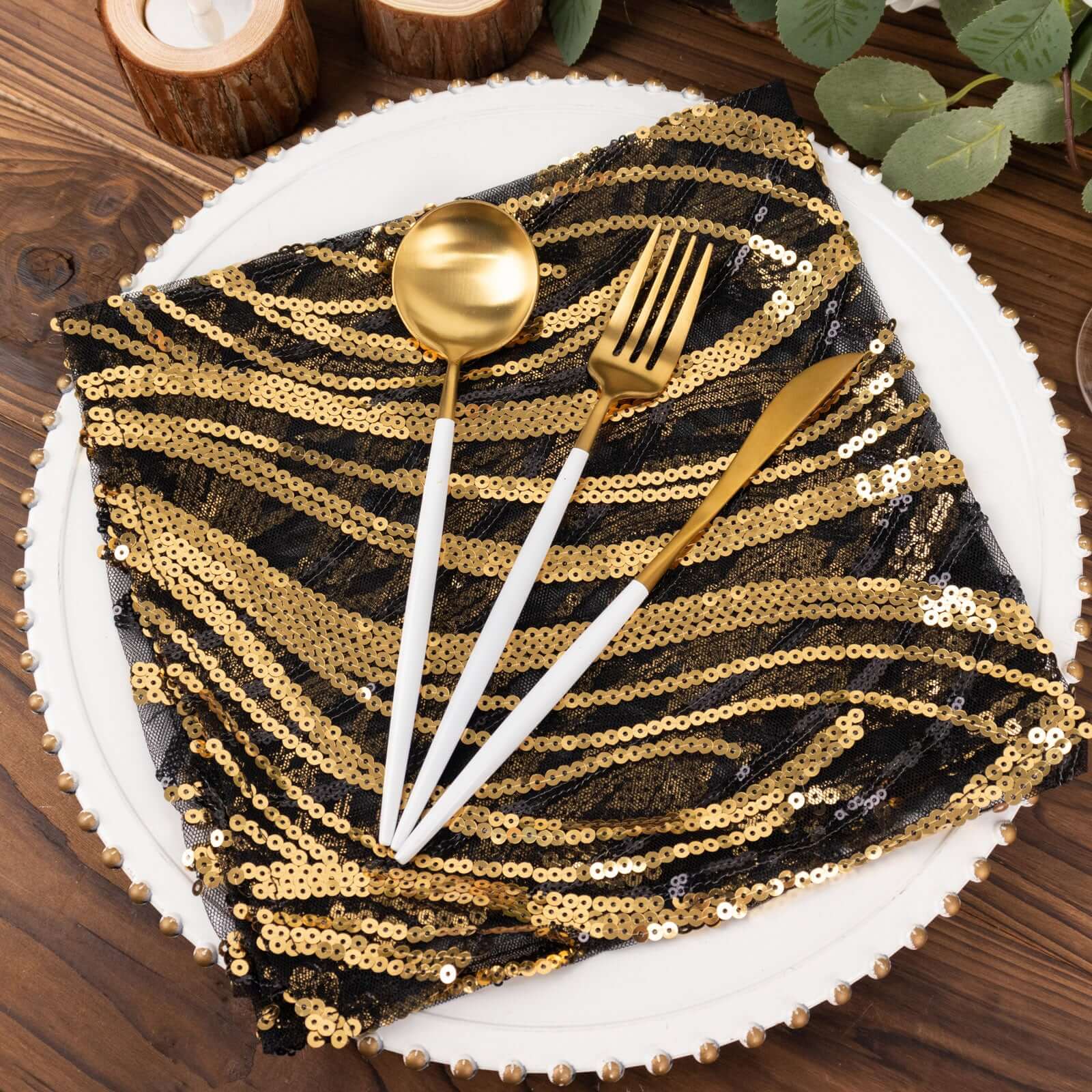 Sequin Mesh 20"x20" Napkin Black Gold - Wave Embroidered Reusable Napkin - Bell Racket Store