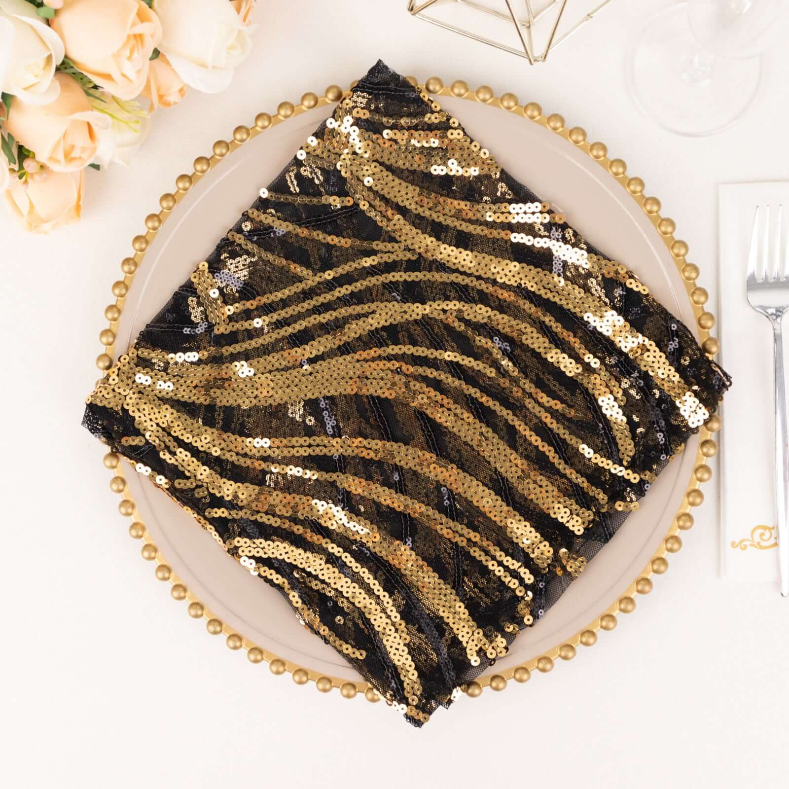 Sequin Mesh 20"x20" Napkin Black Gold - Wave Embroidered Reusable Napkin - Bell Racket Store