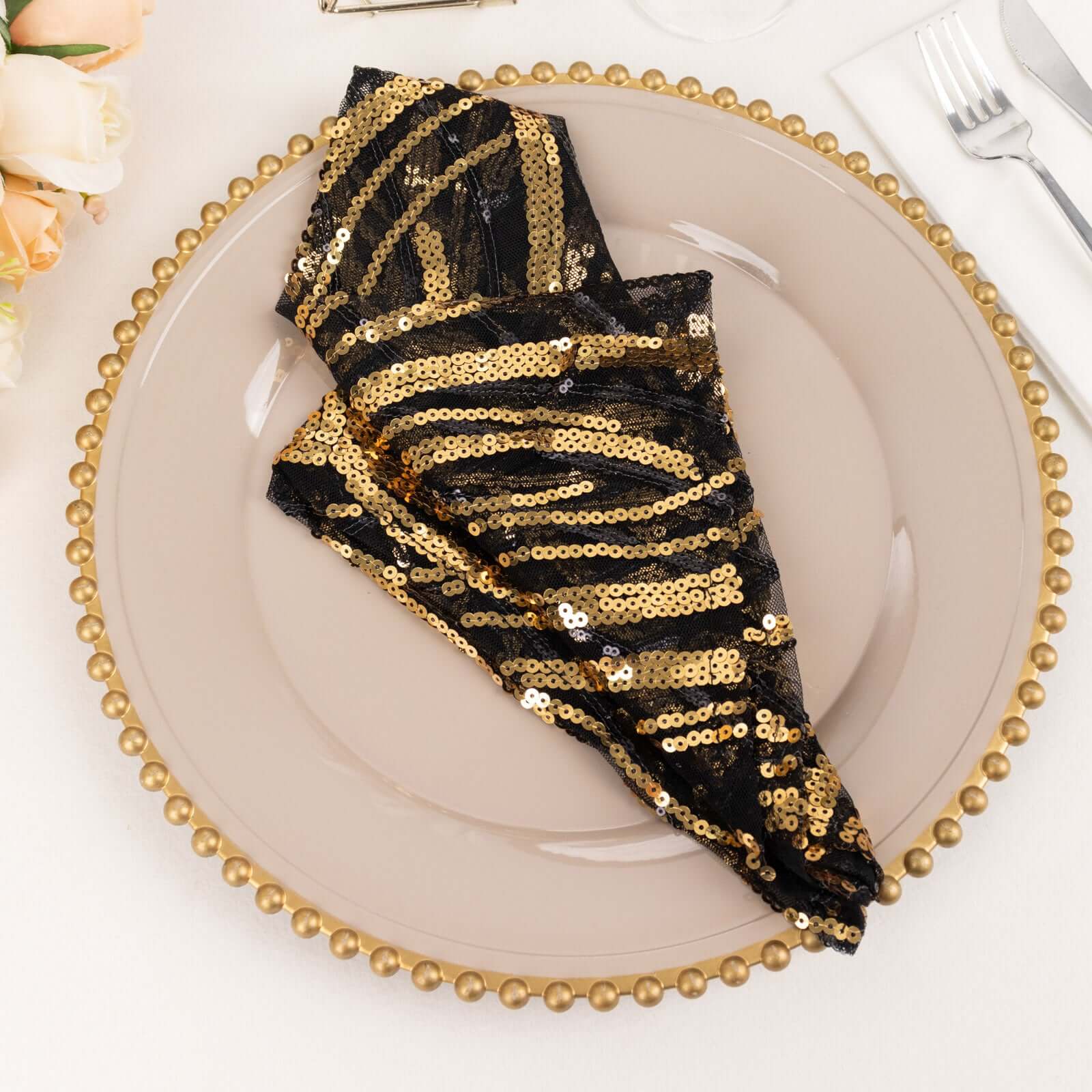 Sequin Mesh 20"x20" Napkin Black Gold - Wave Embroidered Reusable Napkin - Bell Racket Store
