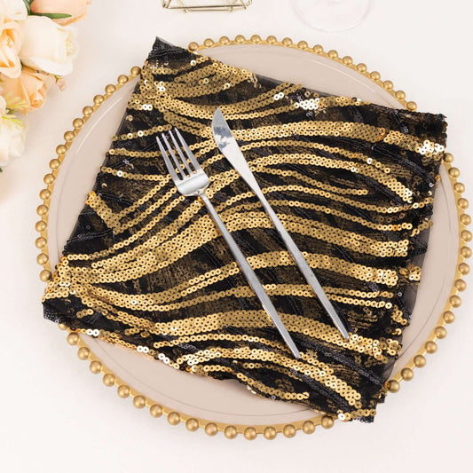 Sequin Mesh 20"x20" Napkin Black Gold - Wave Embroidered Reusable Napkin - Bell Racket Store