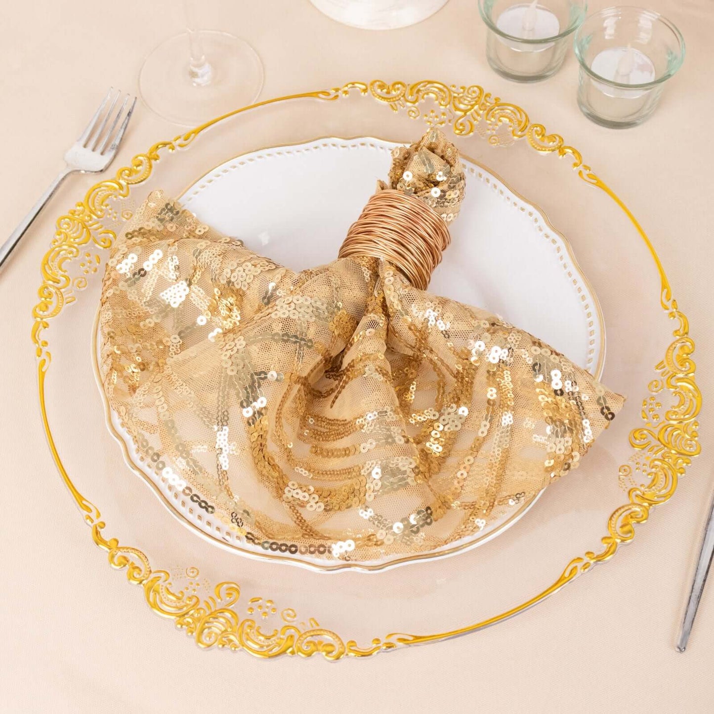 Sequin Mesh 20"x20" Napkin Champagne - Wave Embroidered Reusable Napkin - Bell Racket Store
