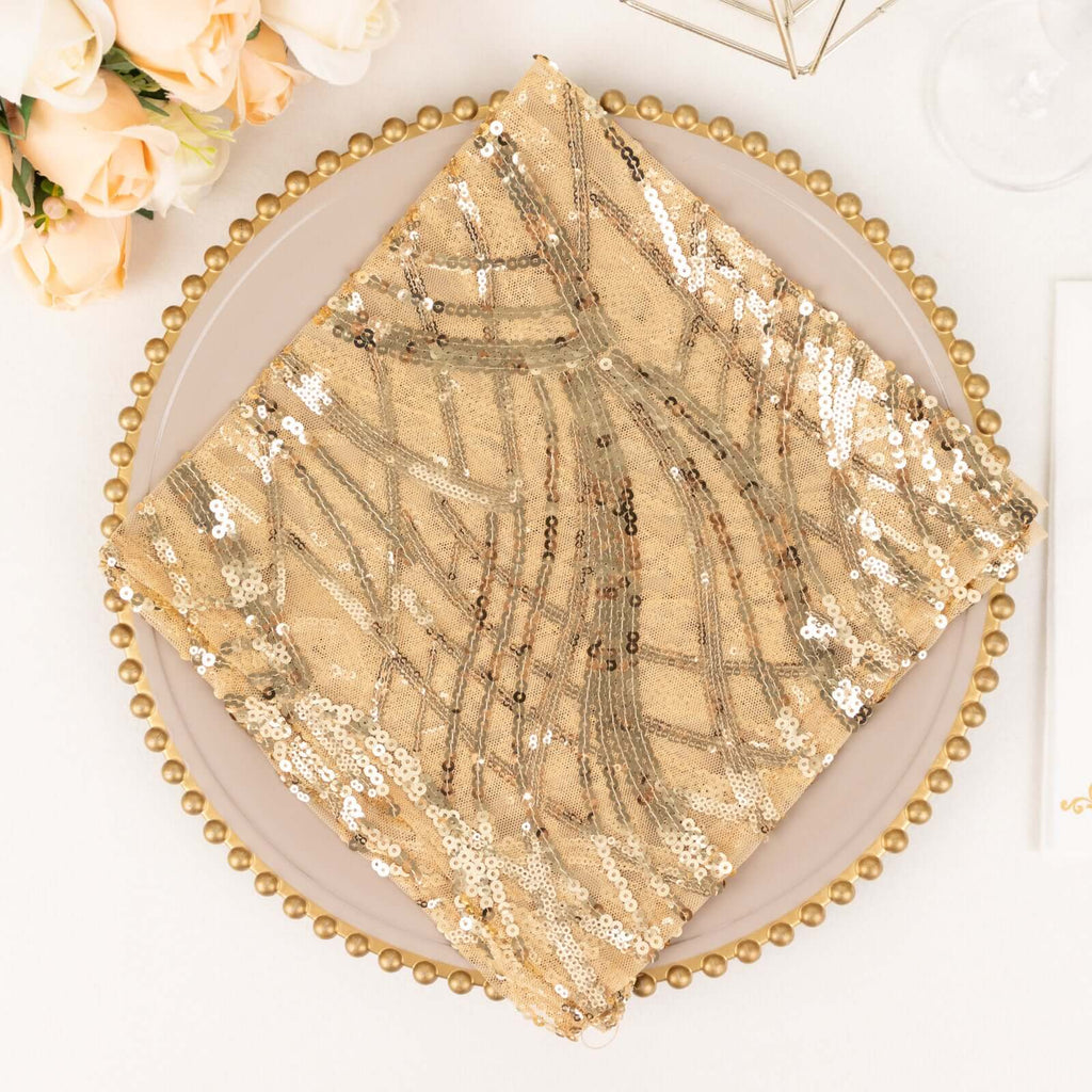 Sequin Mesh 20"x20" Napkin Champagne - Wave Embroidered Reusable Napkin - Bell Racket Store