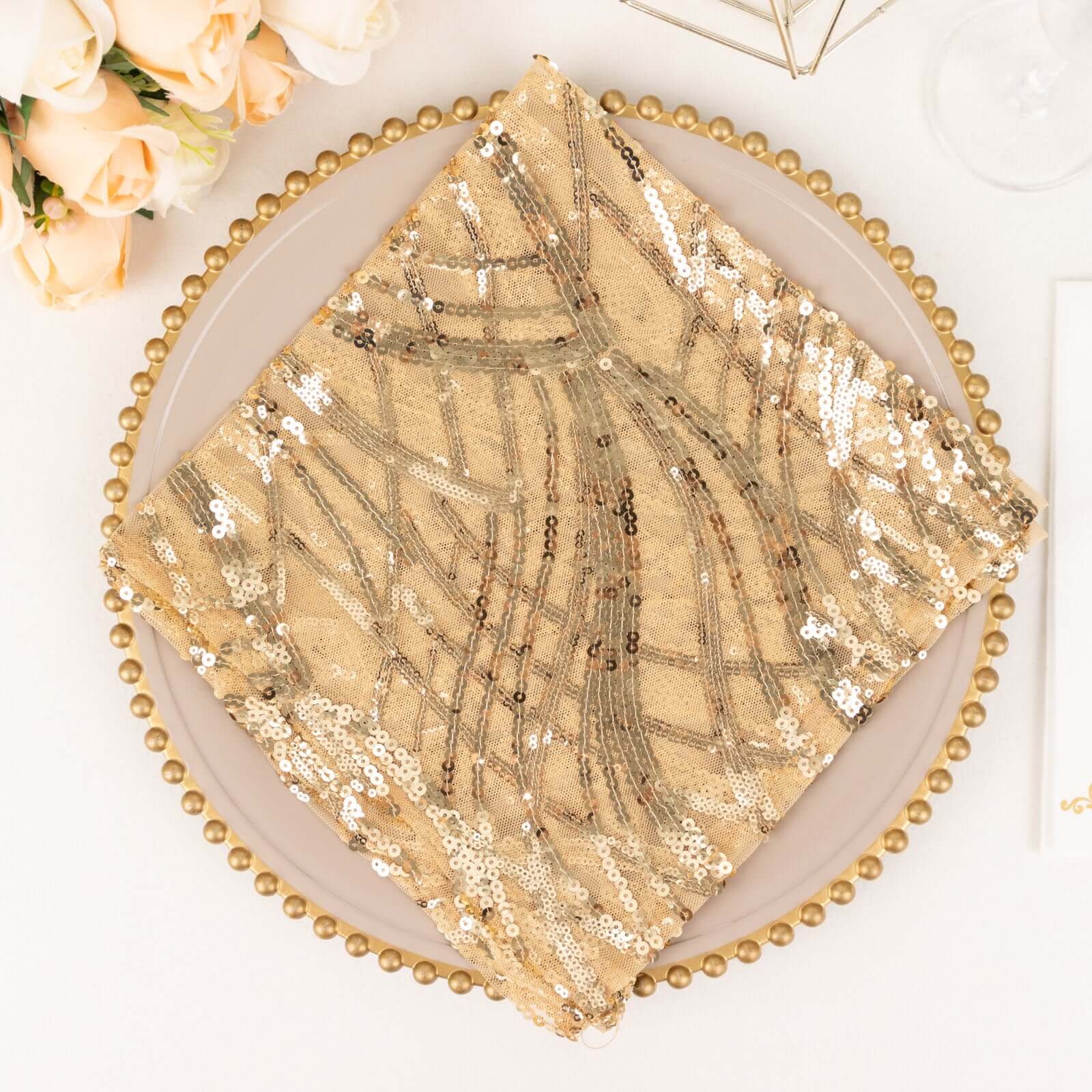 Sequin Mesh 20"x20" Napkin Champagne - Wave Embroidered Reusable Napkin - Bell Racket Store