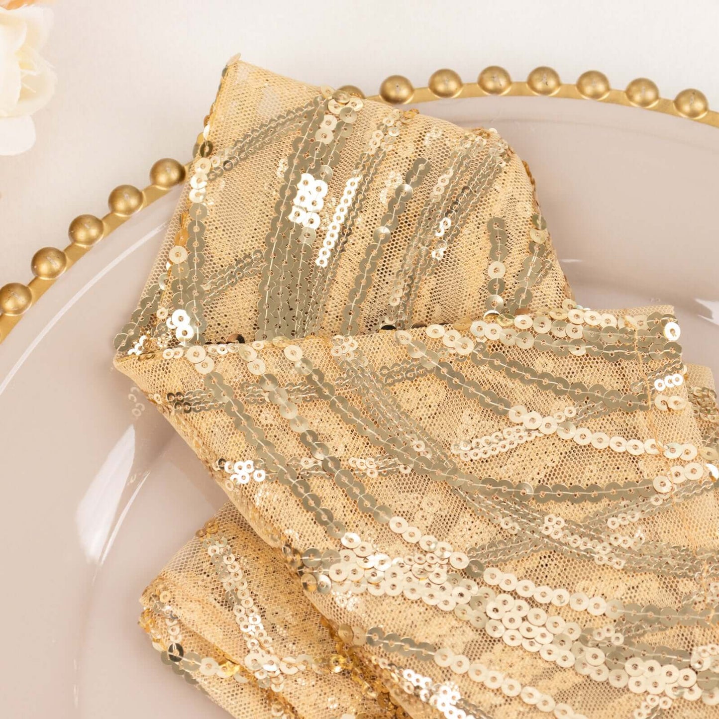 Sequin Mesh 20"x20" Napkin Champagne - Wave Embroidered Reusable Napkin - Bell Racket Store