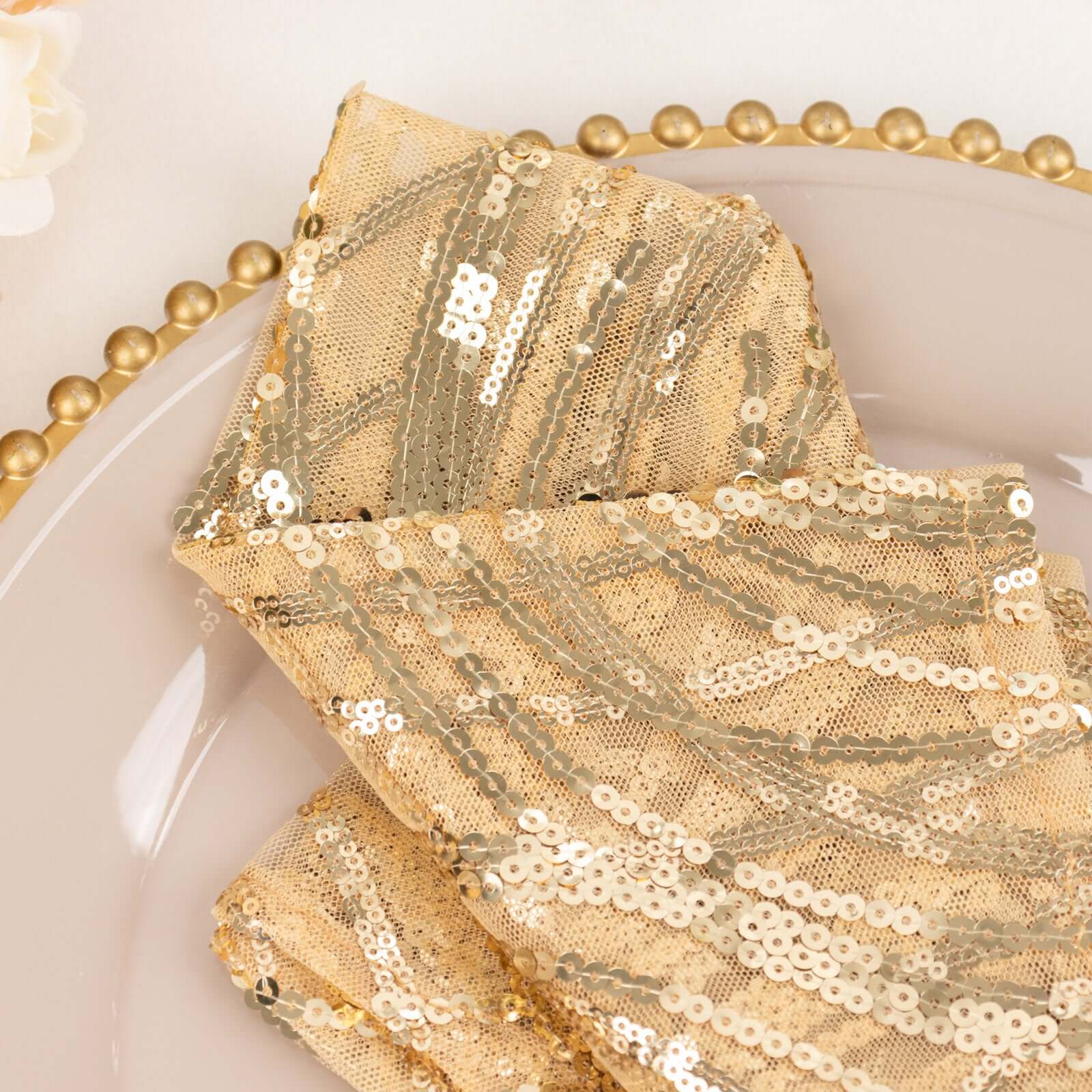 Sequin Mesh 20"x20" Napkin Champagne - Wave Embroidered Reusable Napkin - Bell Racket Store