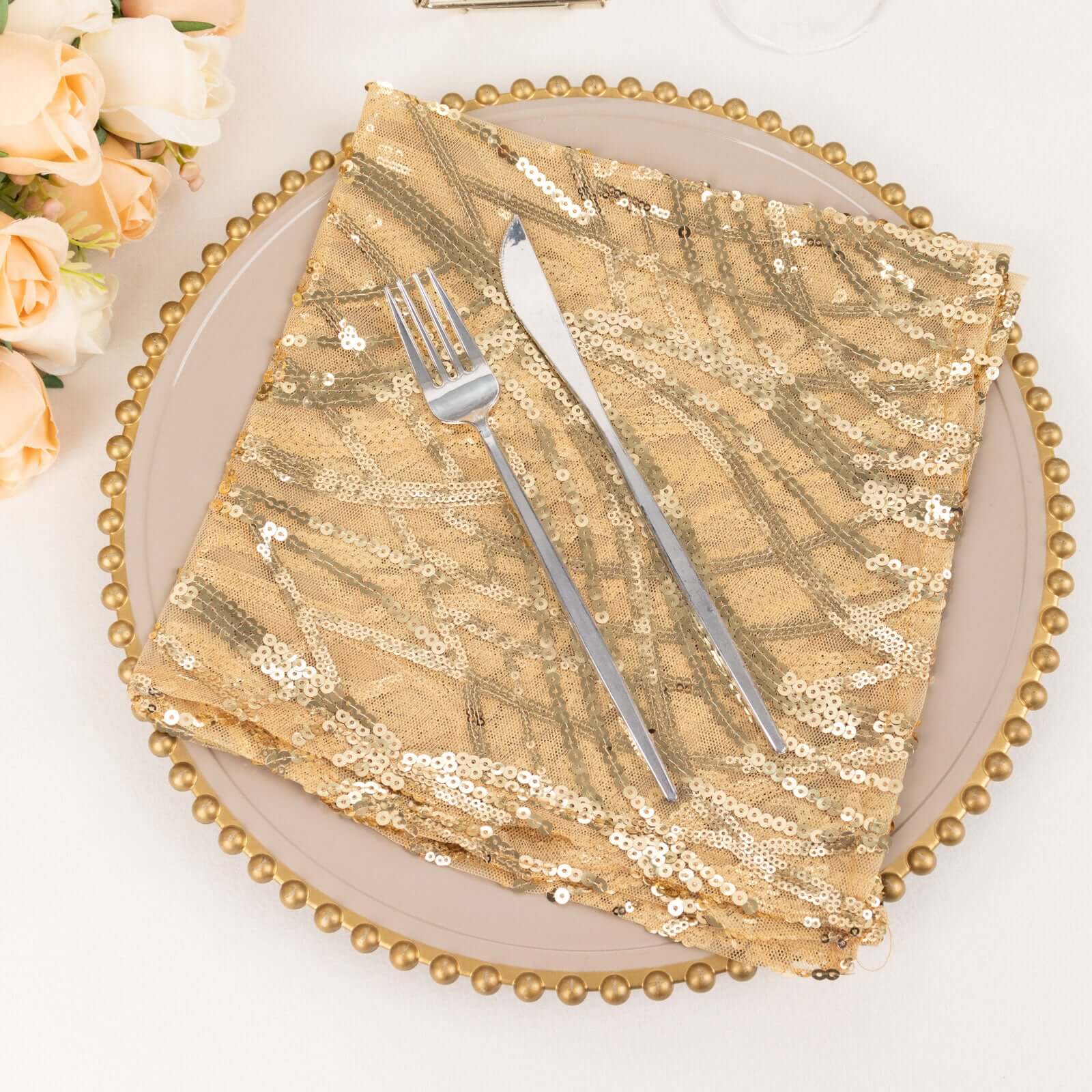 Sequin Mesh 20"x20" Napkin Champagne - Wave Embroidered Reusable Napkin - Bell Racket Store