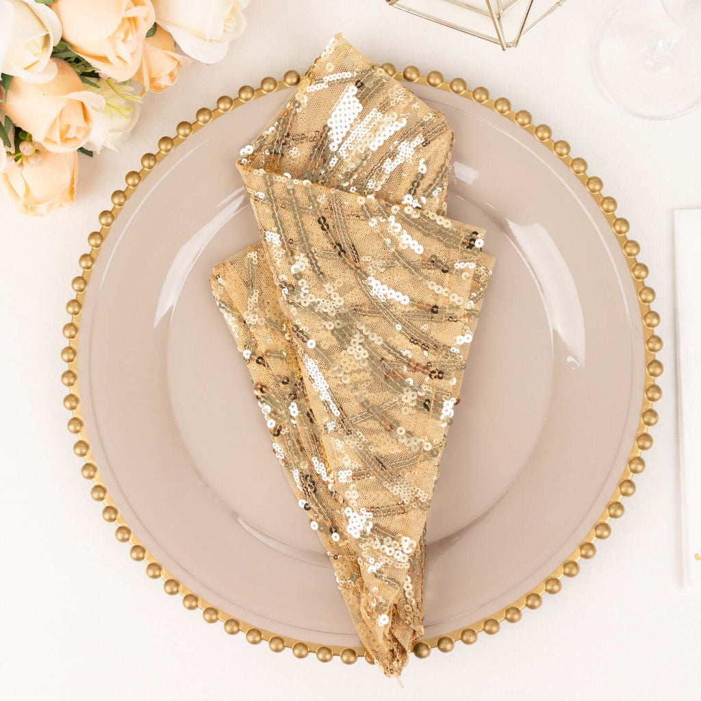 Sequin Mesh 20"x20" Napkin Champagne - Wave Embroidered Reusable Napkin - Bell Racket Store