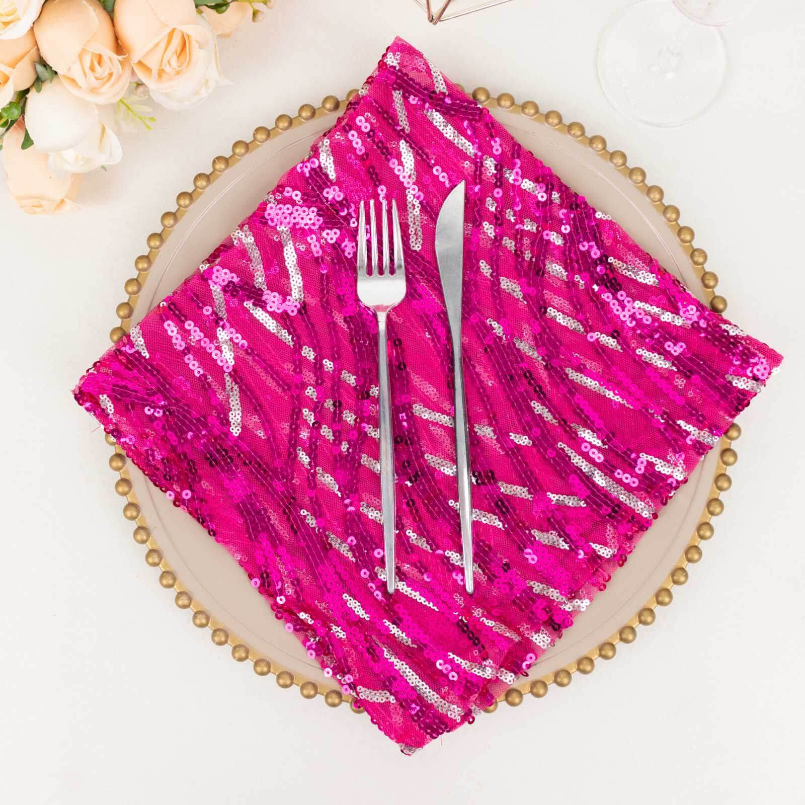 Sequin Mesh 20"x20" Napkin Fuchsia Silver - Wave Embroidered Reusable Napkin - Bell Racket Store