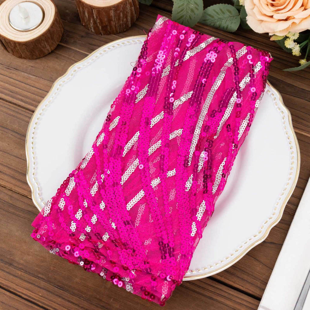 Sequin Mesh 20"x20" Napkin Fuchsia Silver - Wave Embroidered Reusable Napkin - Bell Racket Store