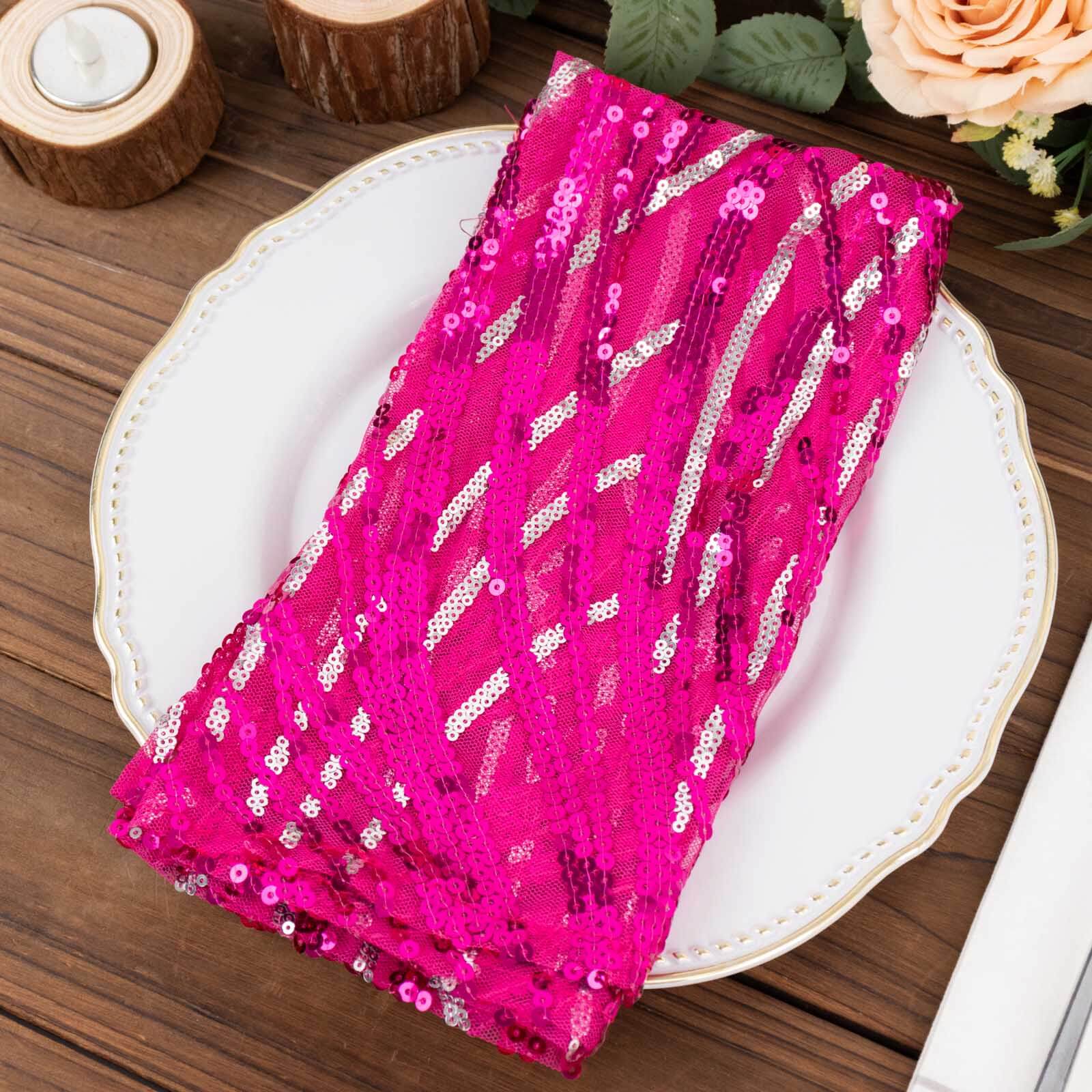 Sequin Mesh 20"x20" Napkin Fuchsia Silver - Wave Embroidered Reusable Napkin - Bell Racket Store