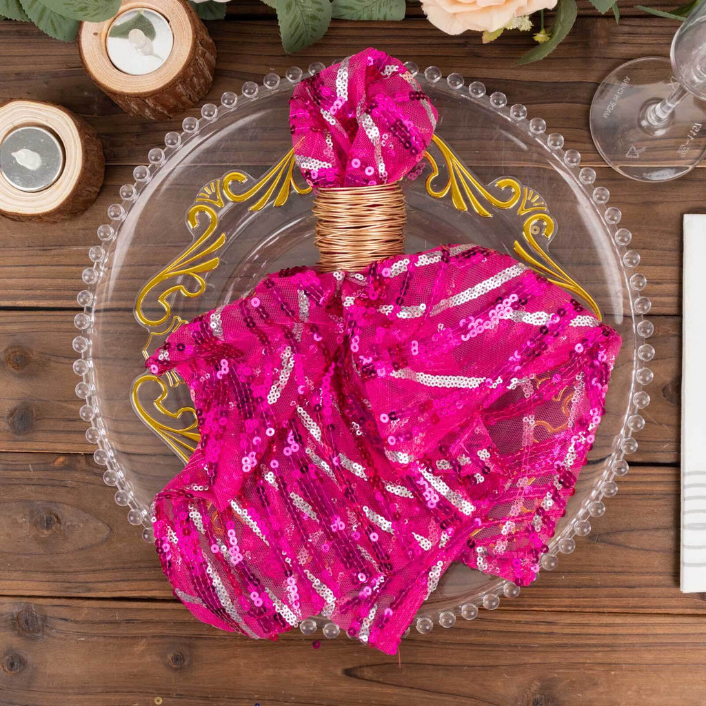 Sequin Mesh 20"x20" Napkin Fuchsia Silver - Wave Embroidered Reusable Napkin - Bell Racket Store