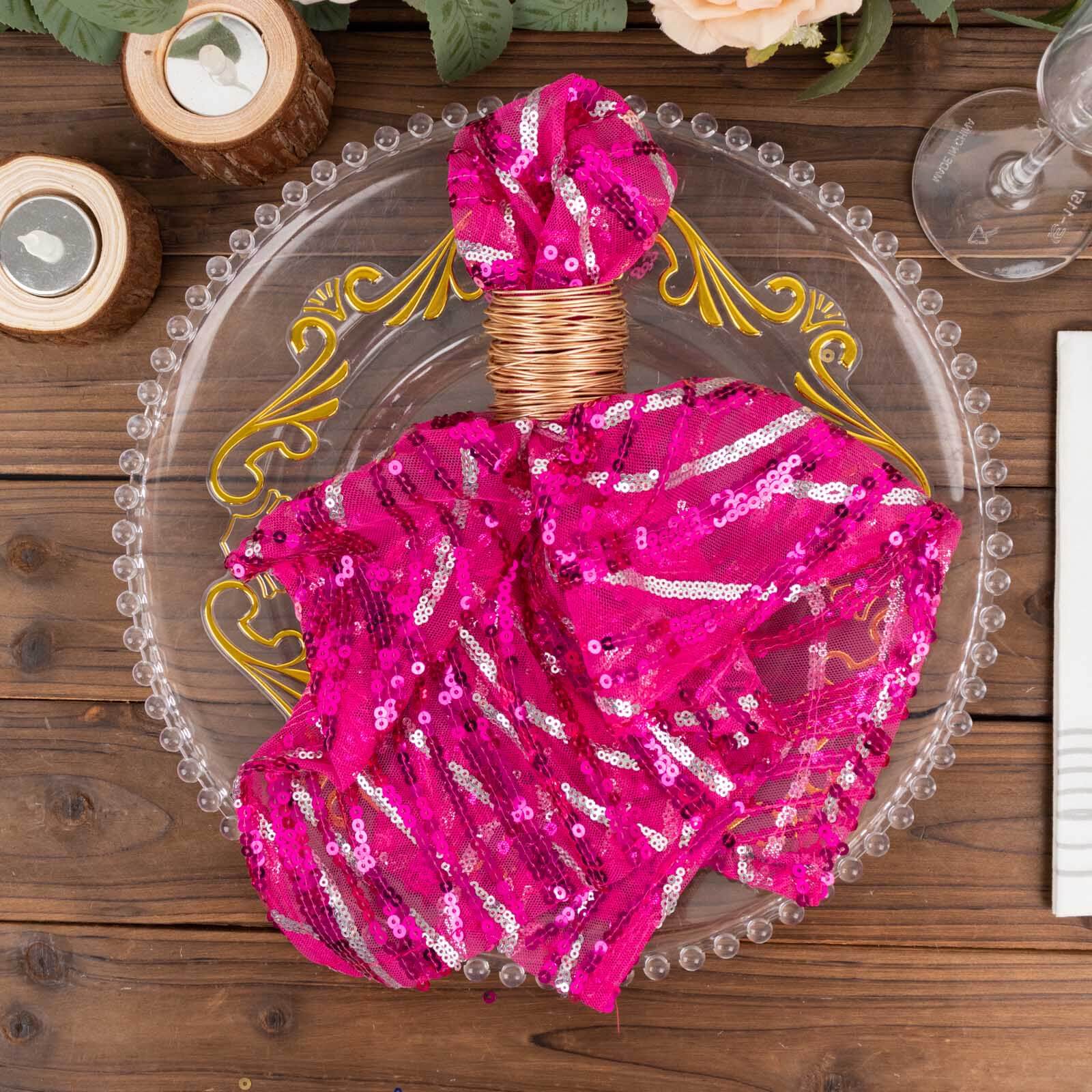 Sequin Mesh 20"x20" Napkin Fuchsia Silver - Wave Embroidered Reusable Napkin - Bell Racket Store