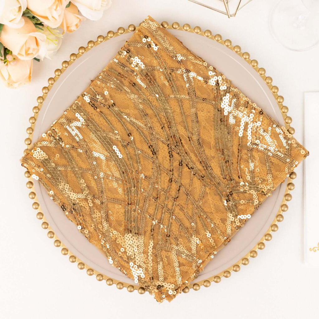 Sequin Mesh 20"x20" Napkin Gold - Wave Embroidered Reusable Cloth Napkin for Glitzy Table Settings - Bell Racket Store