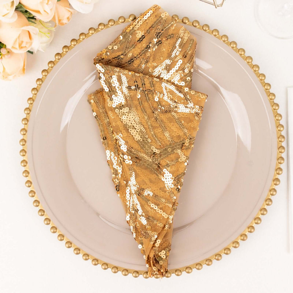 Sequin Mesh 20"x20" Napkin Gold - Wave Embroidered Reusable Cloth Napkin for Glitzy Table Settings - Bell Racket Store