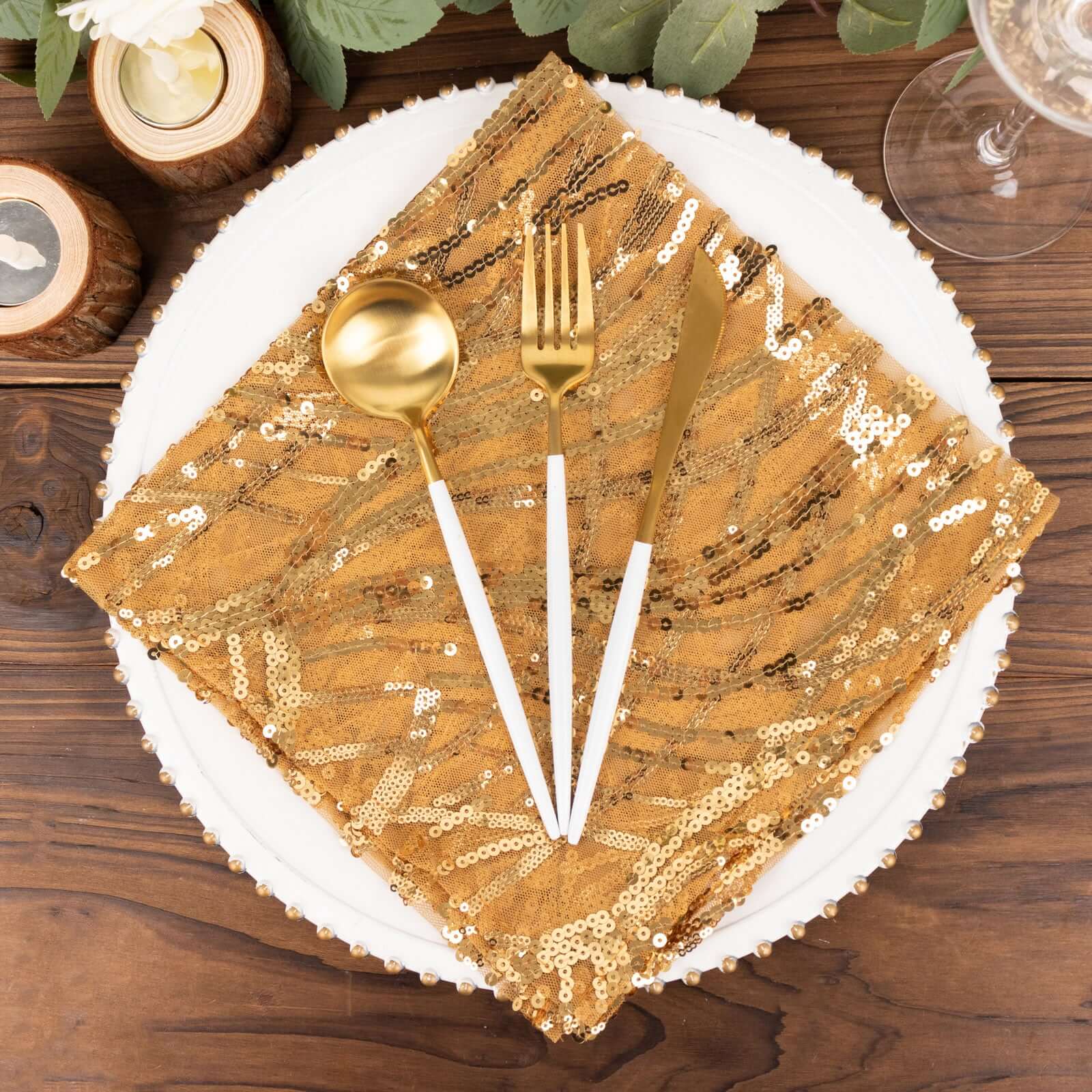 Sequin Mesh 20"x20" Napkin Gold - Wave Embroidered Reusable Cloth Napkin for Glitzy Table Settings - Bell Racket Store