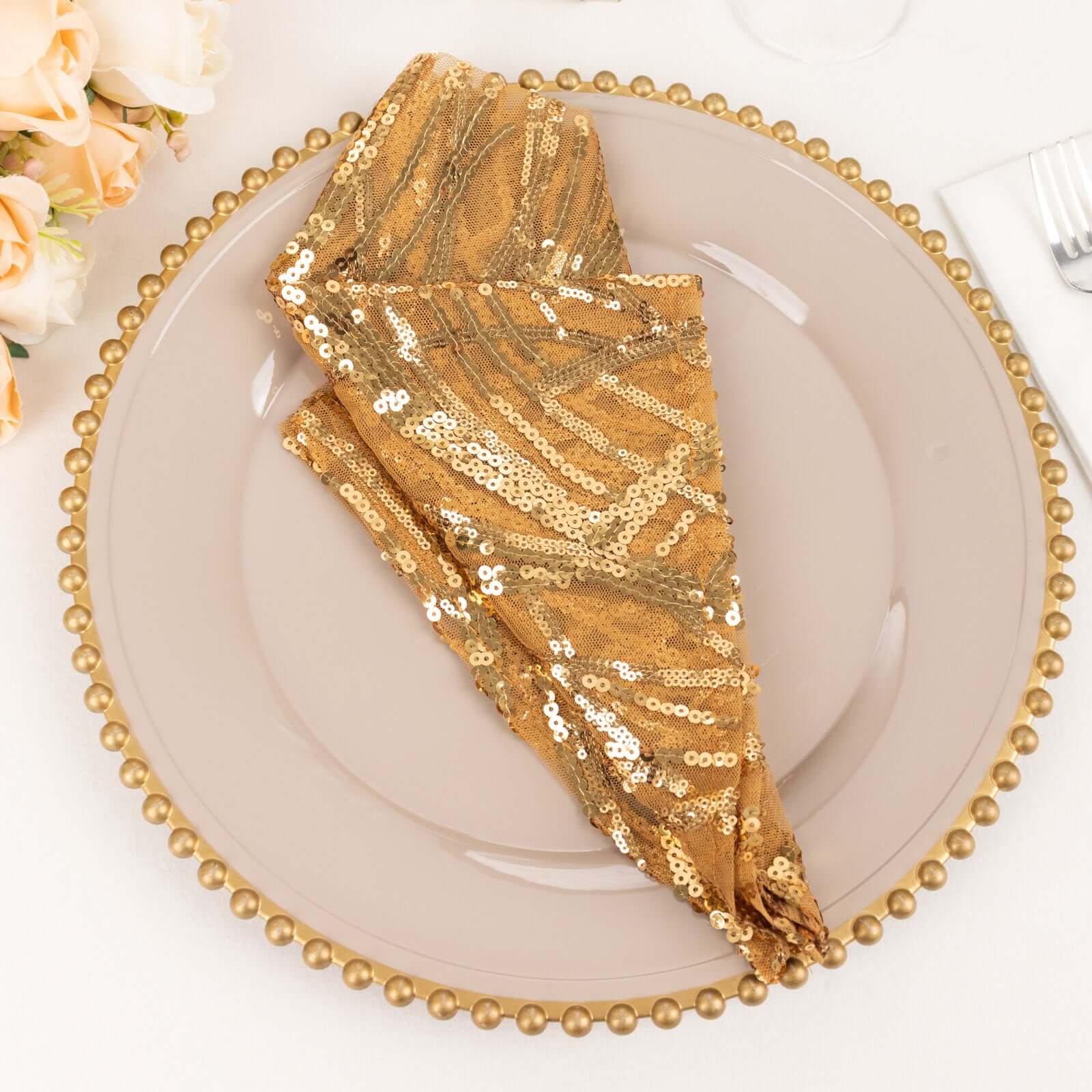 Sequin Mesh 20"x20" Napkin Gold - Wave Embroidered Reusable Cloth Napkin for Glitzy Table Settings - Bell Racket Store