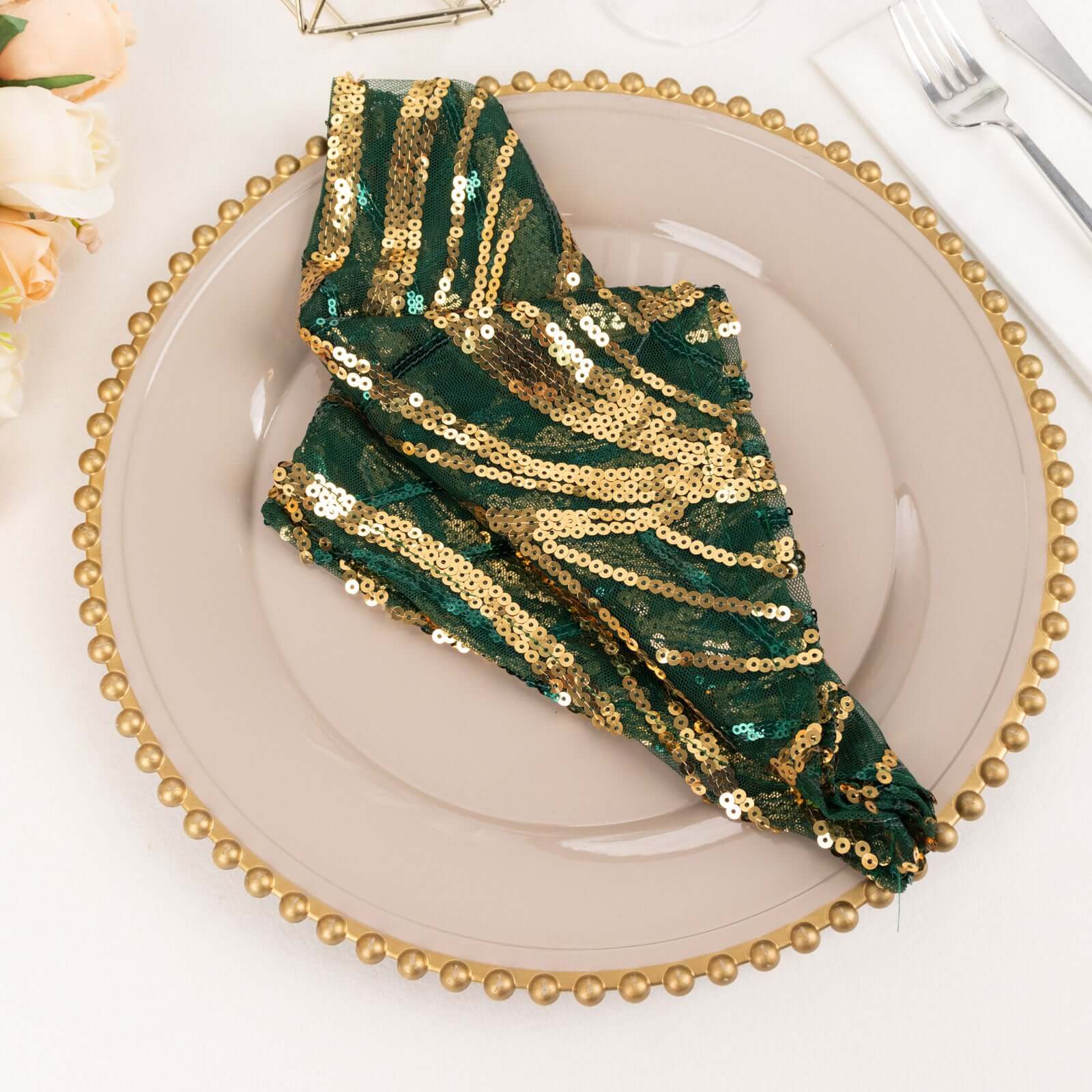 Sequin Mesh 20"x20" Napkin Hunter Emerald Green Gold - Wave Embroidered Reusable Napkin - Bell Racket Store