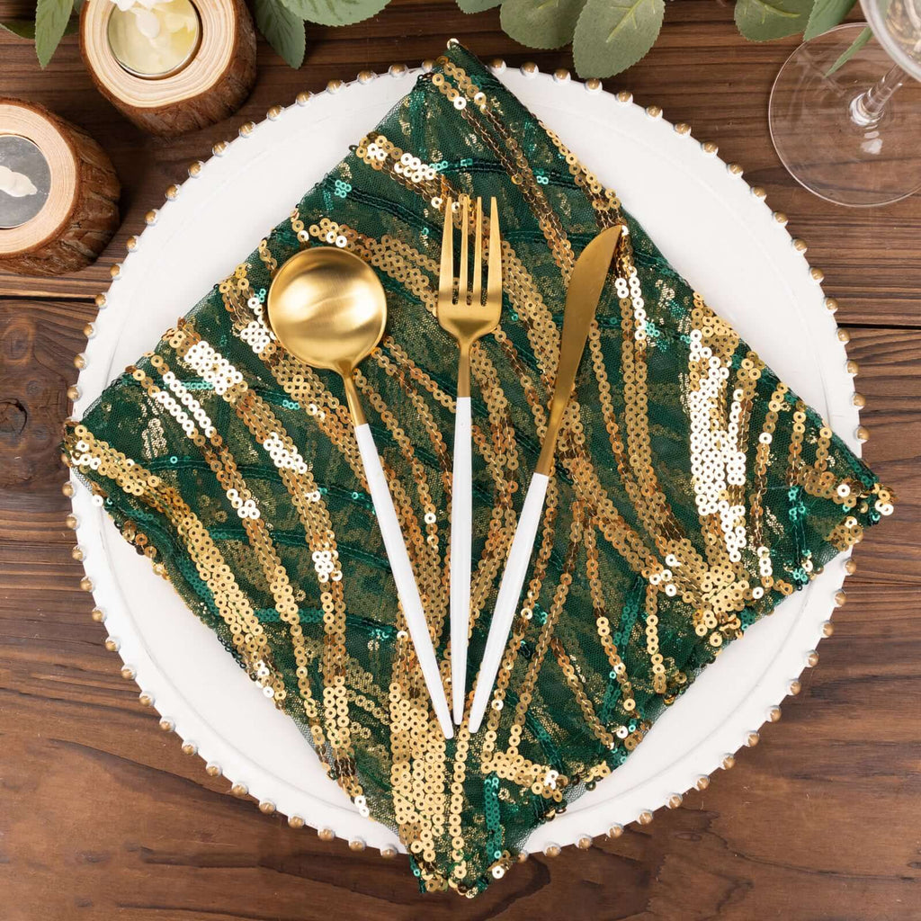 Sequin Mesh 20"x20" Napkin Hunter Emerald Green Gold - Wave Embroidered Reusable Napkin - Bell Racket Store