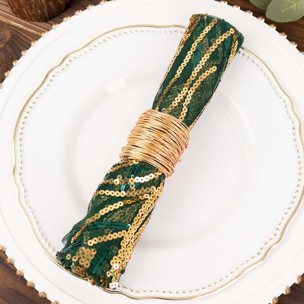 Sequin Mesh 20"x20" Napkin Hunter Emerald Green Gold - Wave Embroidered Reusable Napkin - Bell Racket Store