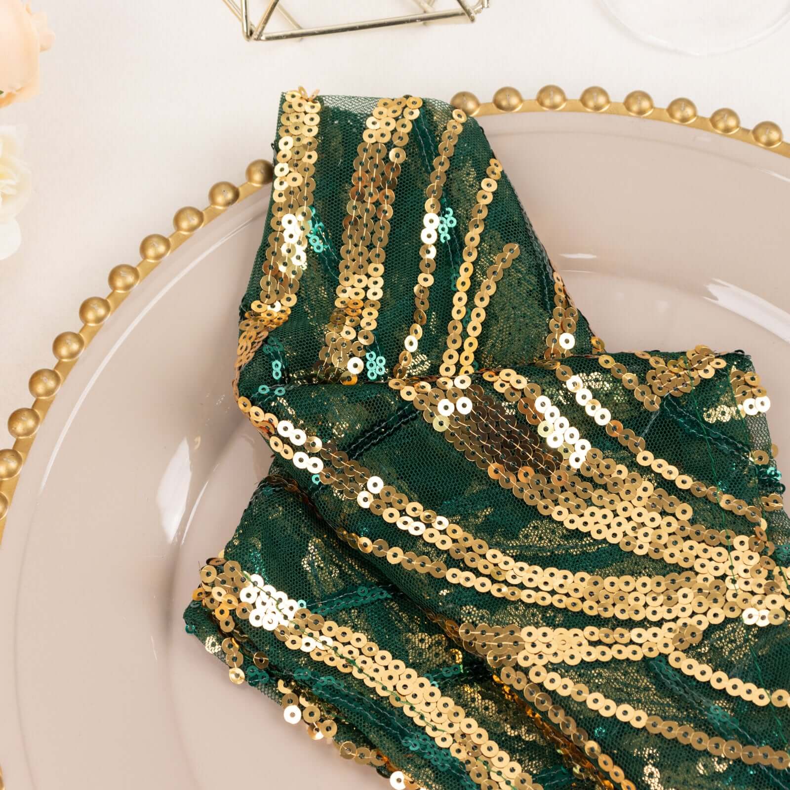 Sequin Mesh 20"x20" Napkin Hunter Emerald Green Gold - Wave Embroidered Reusable Napkin - Bell Racket Store