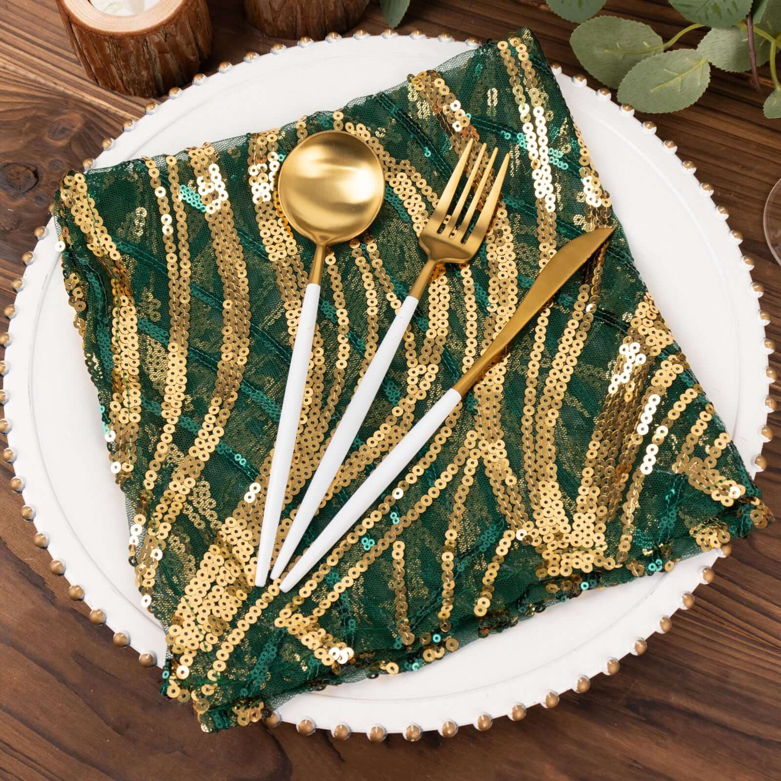 Sequin Mesh 20"x20" Napkin Hunter Emerald Green Gold - Wave Embroidered Reusable Napkin - Bell Racket Store
