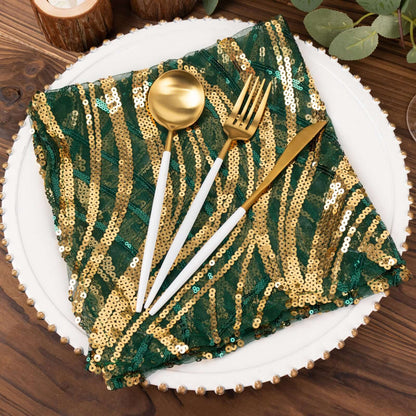 Sequin Mesh 20"x20" Napkin Hunter Emerald Green Gold - Wave Embroidered Reusable Napkin - Bell Racket Store