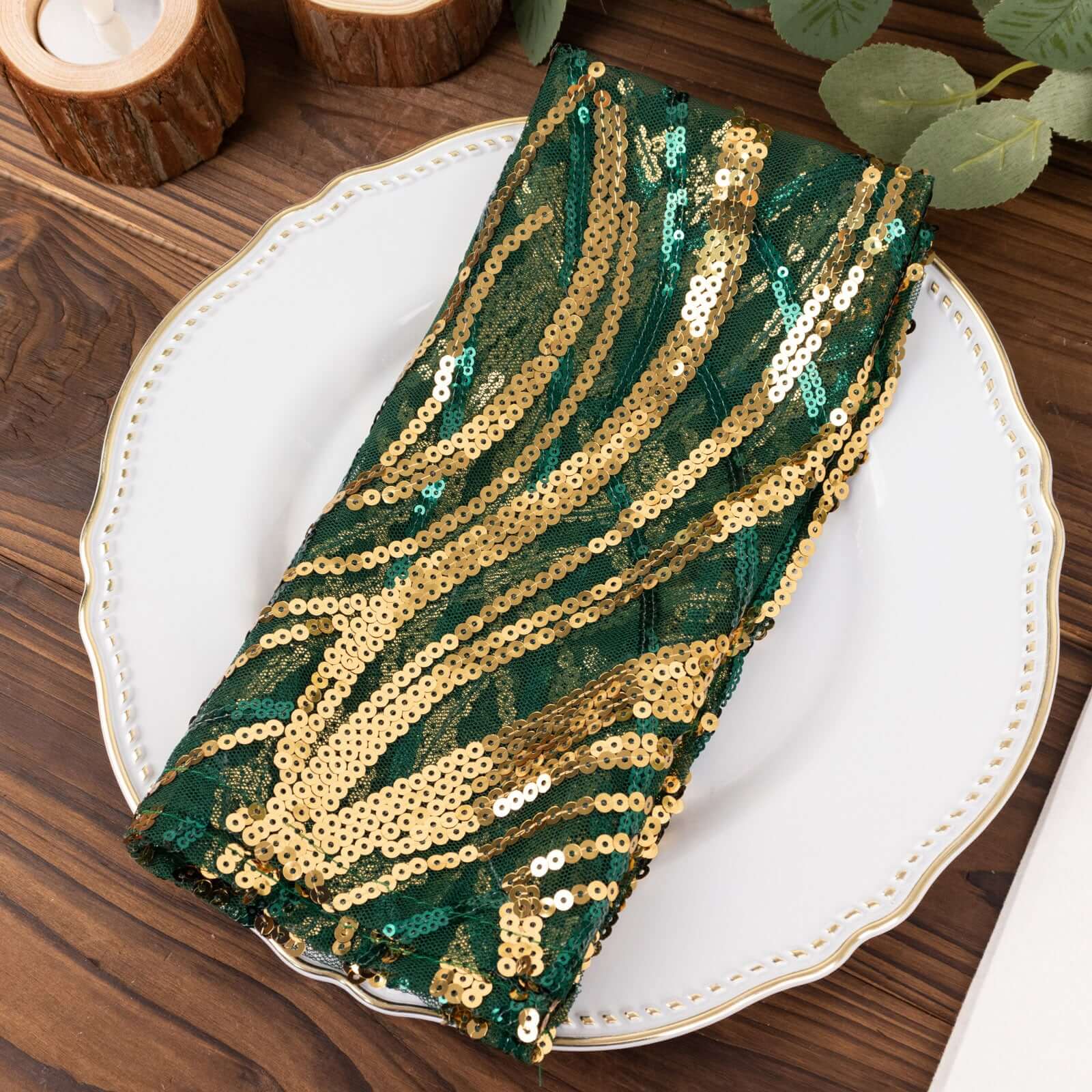 Sequin Mesh 20"x20" Napkin Hunter Emerald Green Gold - Wave Embroidered Reusable Napkin - Bell Racket Store