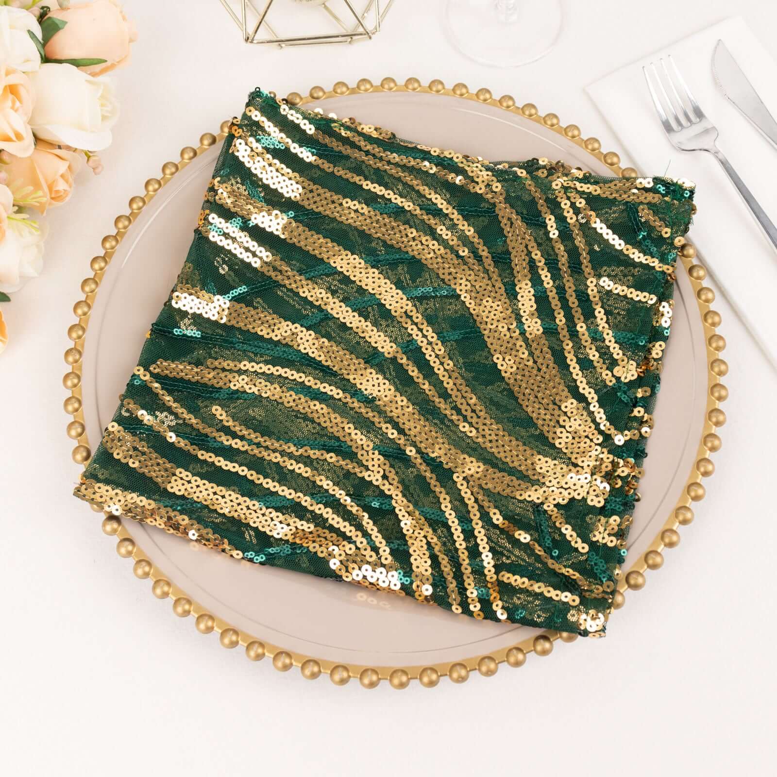 Sequin Mesh 20"x20" Napkin Hunter Emerald Green Gold - Wave Embroidered Reusable Napkin - Bell Racket Store