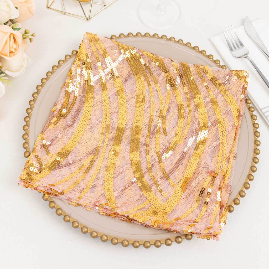 Sequin Mesh 20"x20" Napkin Rose Gold - Wave Embroidered Reusable Napkin - Bell Racket Store