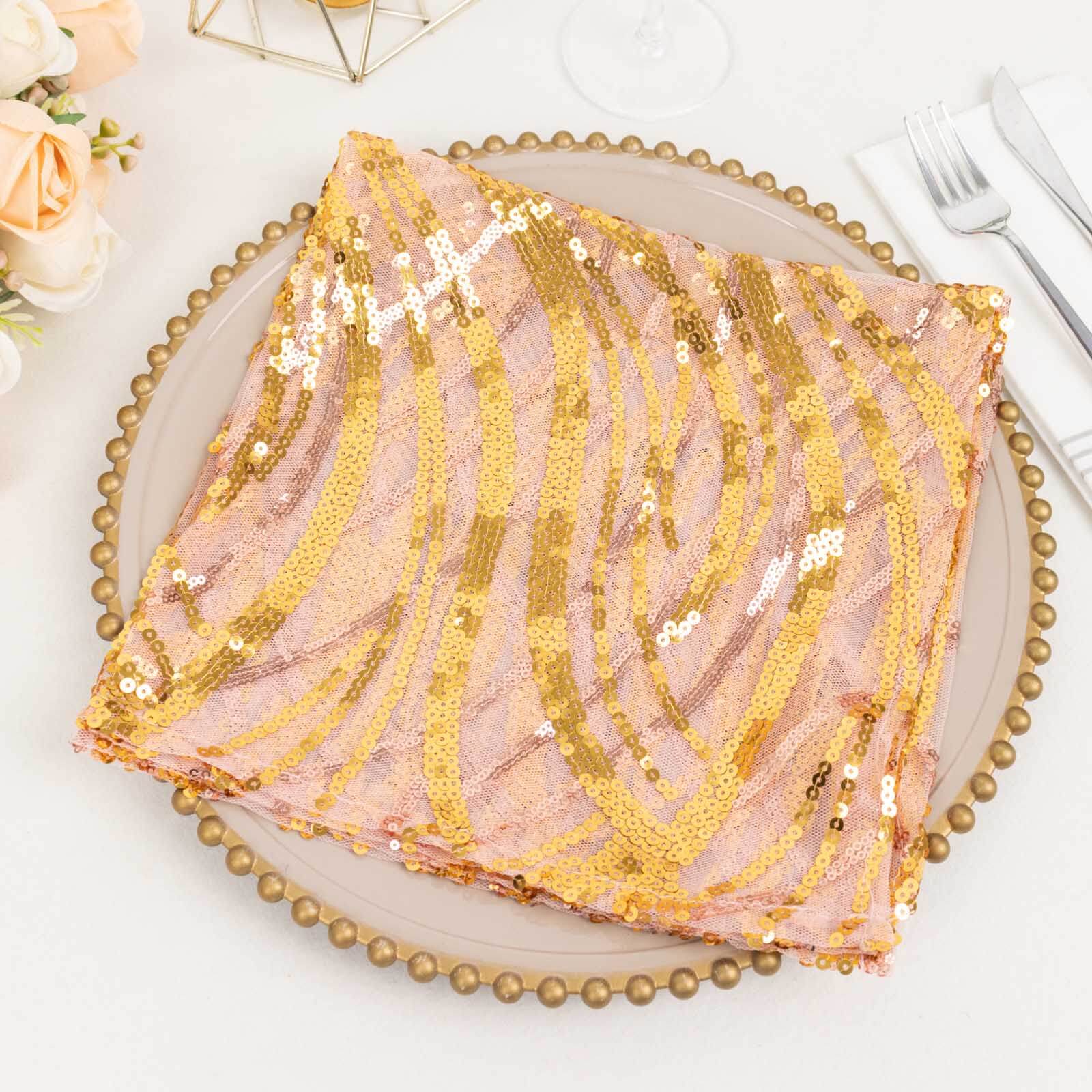 Sequin Mesh 20"x20" Napkin Rose Gold - Wave Embroidered Reusable Napkin - Bell Racket Store