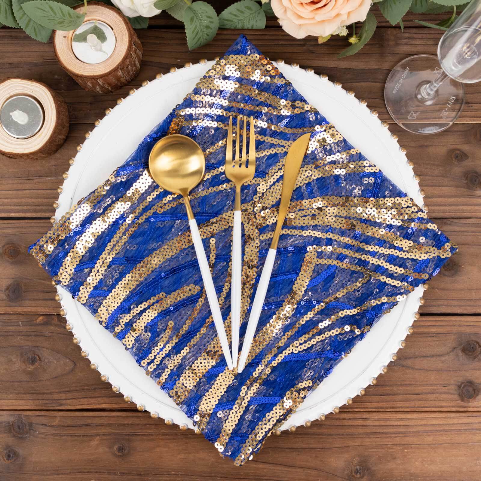 Sequin Mesh 20"x20" Napkin Royal Blue Gold - Wave Embroidered Reusable Napkin - Bell Racket Store