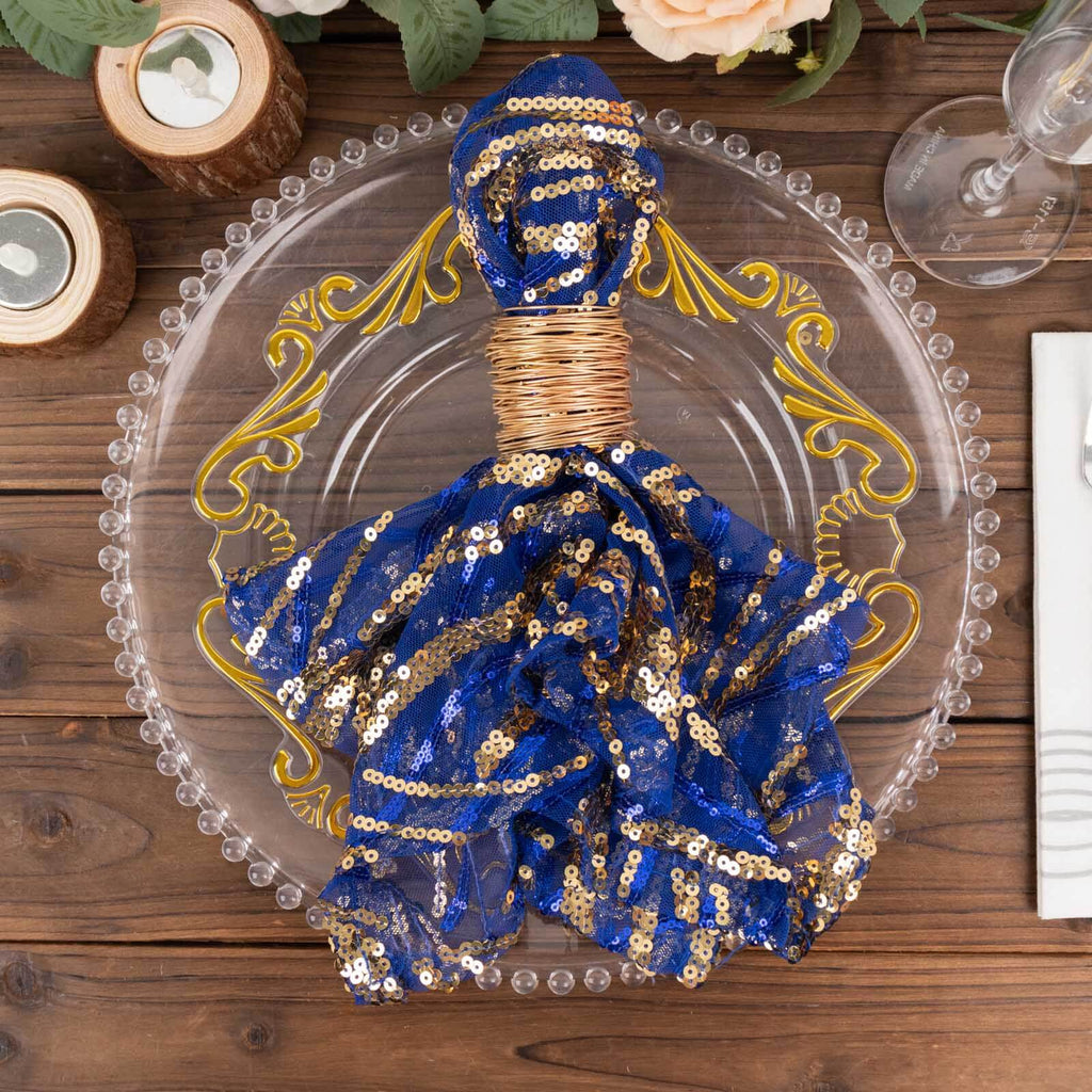 Sequin Mesh 20"x20" Napkin Royal Blue Gold - Wave Embroidered Reusable Napkin - Bell Racket Store