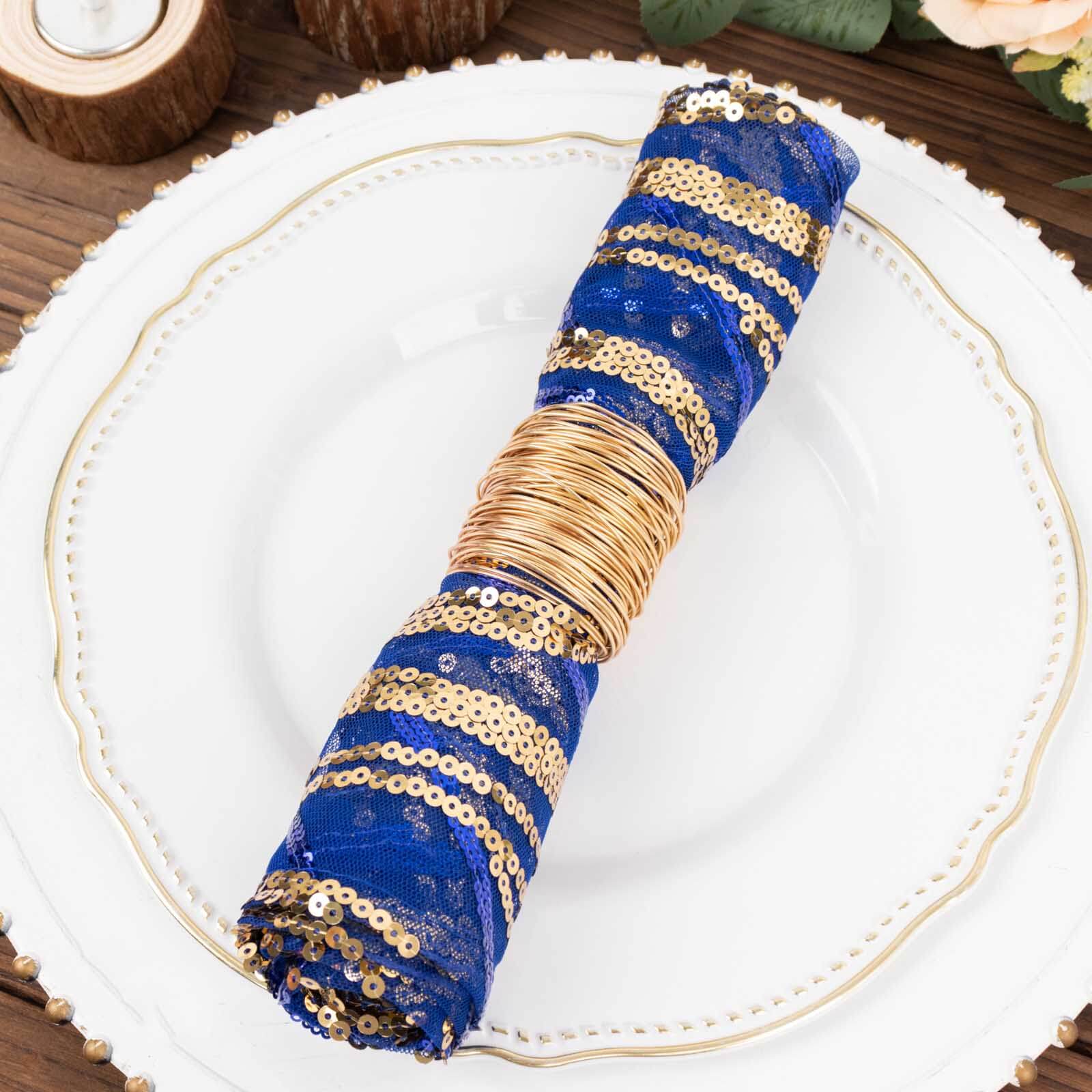 Sequin Mesh 20"x20" Napkin Royal Blue Gold - Wave Embroidered Reusable Napkin - Bell Racket Store