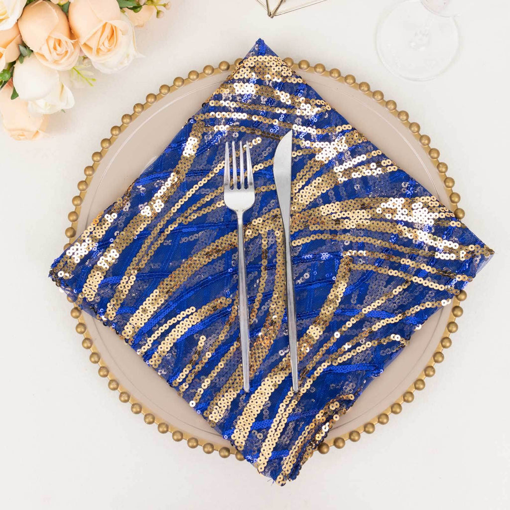 Sequin Mesh 20"x20" Napkin Royal Blue Gold - Wave Embroidered Reusable Napkin - Bell Racket Store