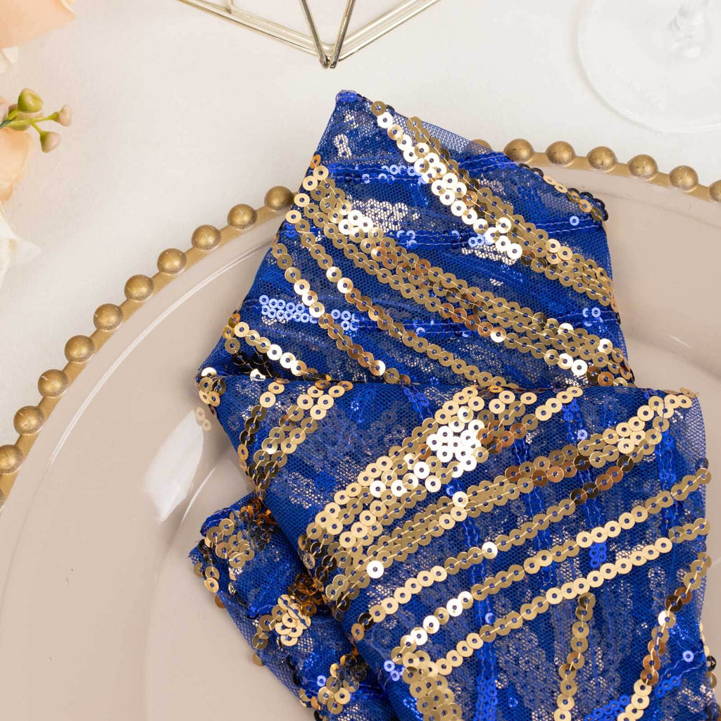 Sequin Mesh 20"x20" Napkin Royal Blue Gold - Wave Embroidered Reusable Napkin - Bell Racket Store