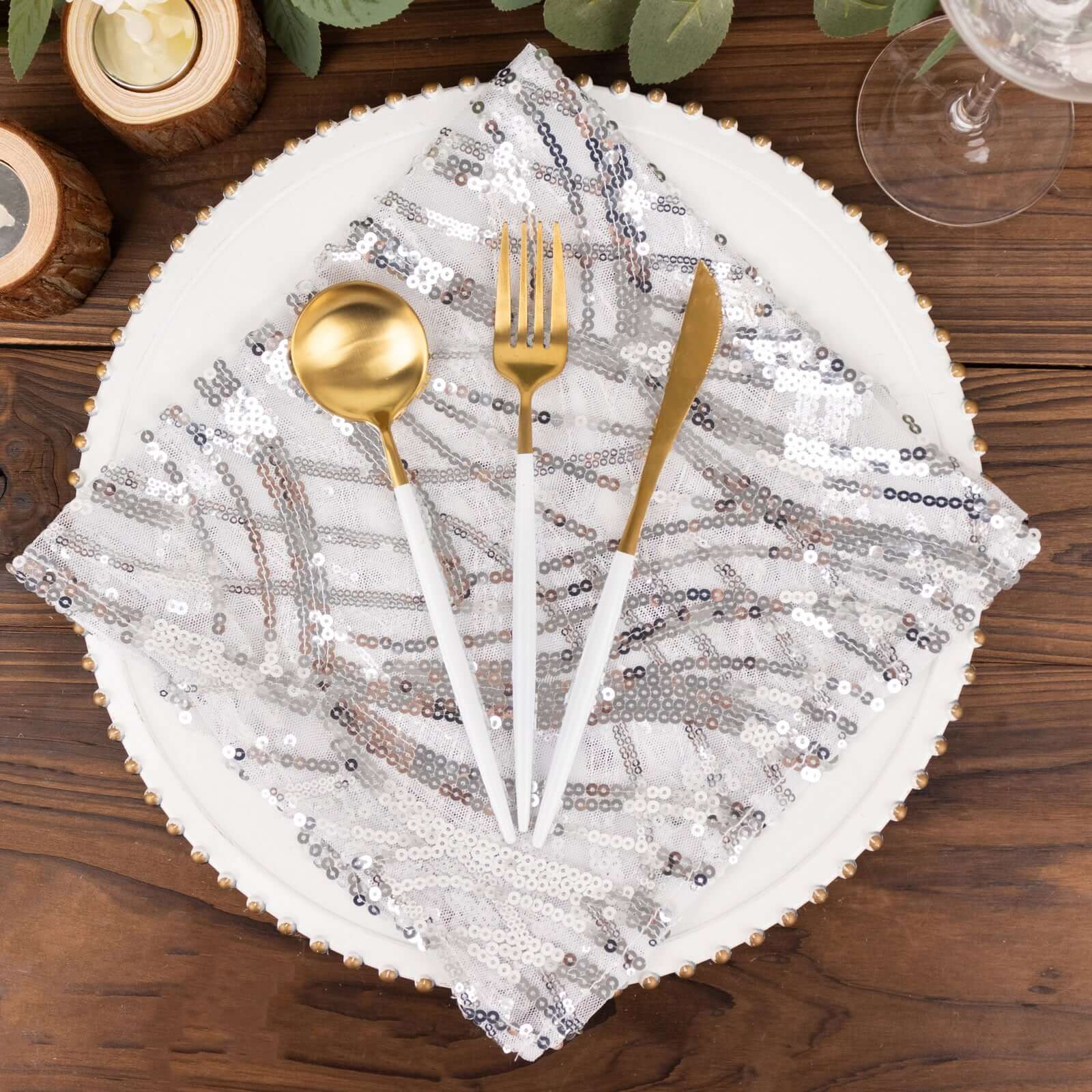 Sequin Mesh 20"x20" Napkin SIlver - Wave Embroidered Reusable Napkin - Bell Racket Store