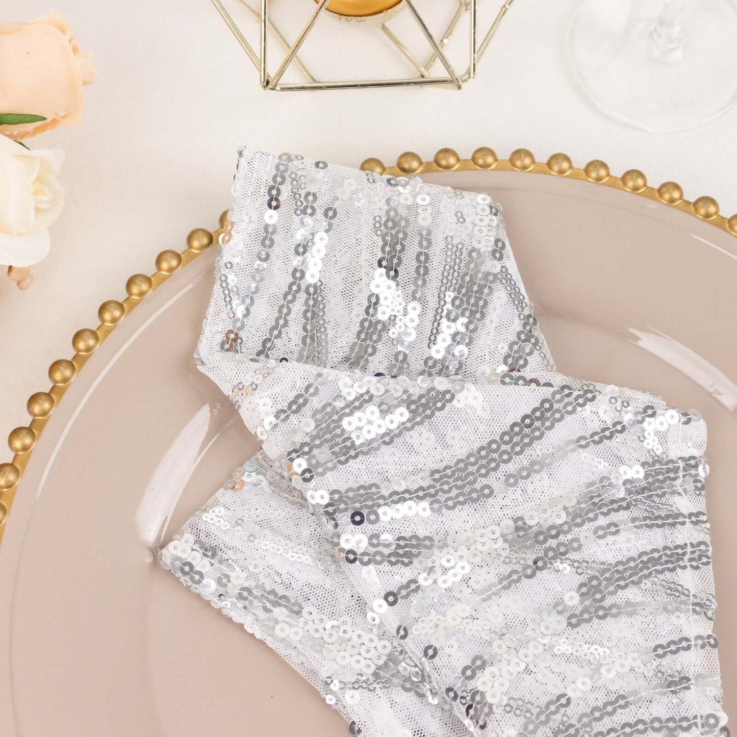 Sequin Mesh 20"x20" Napkin SIlver - Wave Embroidered Reusable Napkin - Bell Racket Store