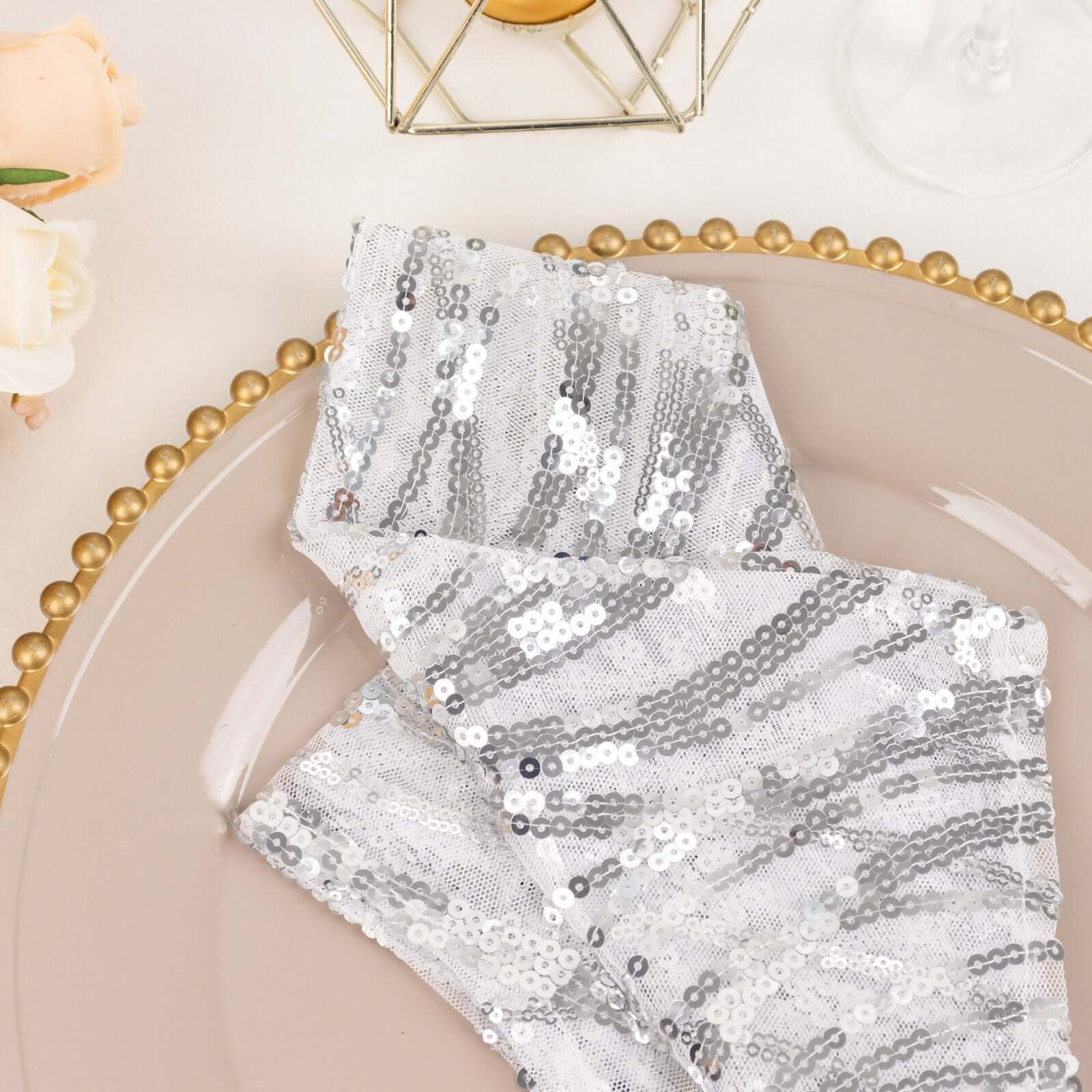 Sequin Mesh 20"x20" Napkin SIlver - Wave Embroidered Reusable Napkin - Bell Racket Store