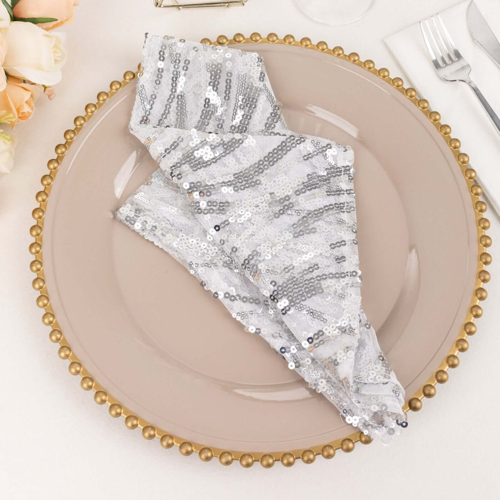 Sequin Mesh 20"x20" Napkin SIlver - Wave Embroidered Reusable Napkin - Bell Racket Store