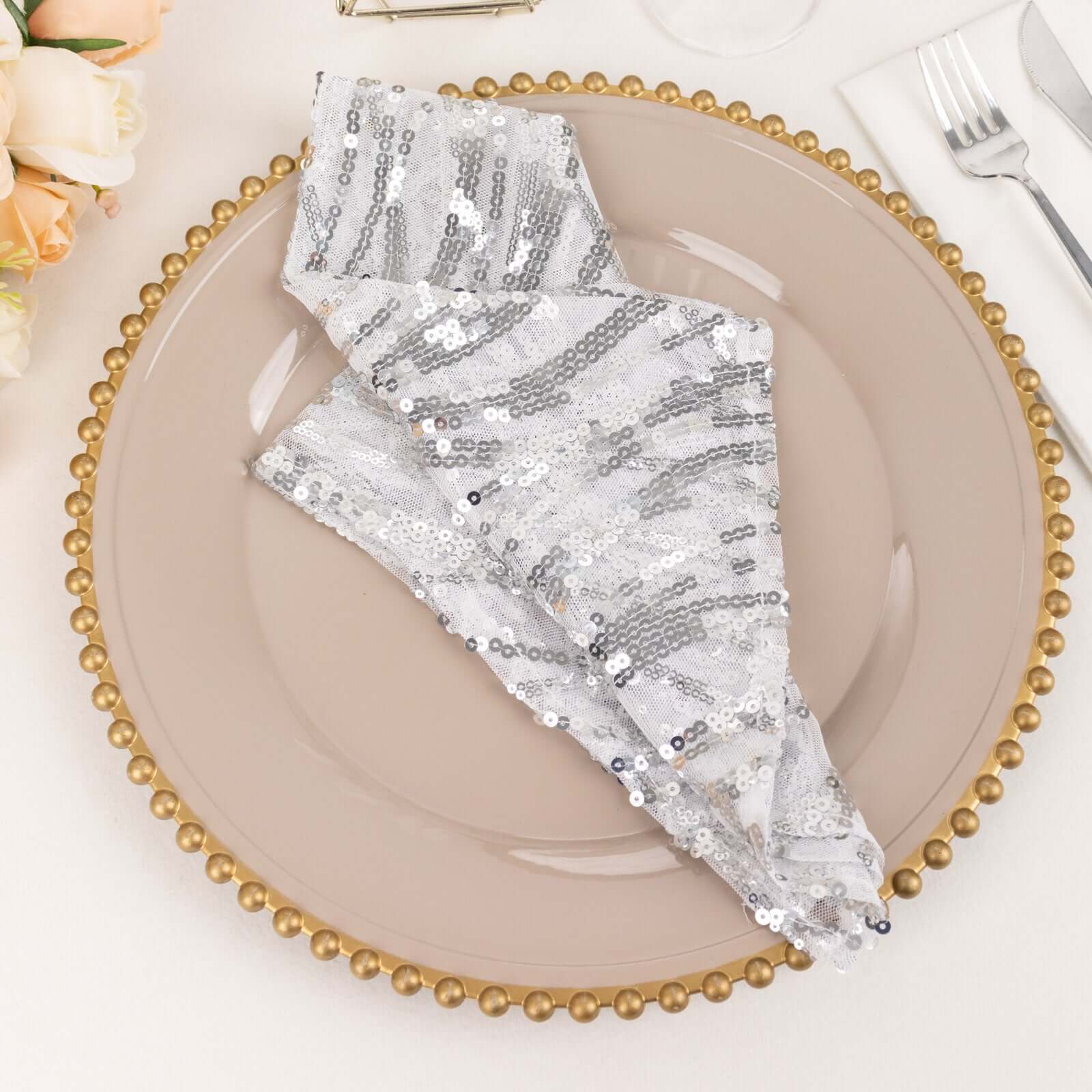 Sequin Mesh 20"x20" Napkin SIlver - Wave Embroidered Reusable Napkin - Bell Racket Store